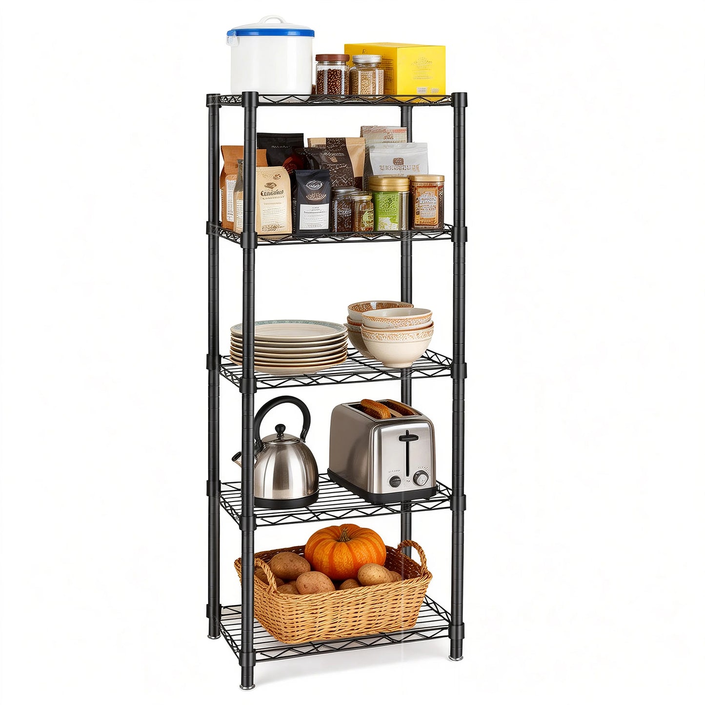 Metal Shelves for Storage , TAIMASI 5 Tier Wire Shelving Organizer with Adjustable Feet for Laundry Bathroom Kitchen Pantry Close for Pantry, Kitchen and Closet(11.8" D x 16.6" W x 53.5", Black)