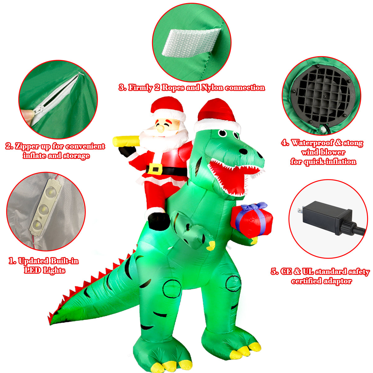 7FT Christmas Inflatable Decorations Clearance, Giant Xmas Santa Dinosaur Blow Up LED Light Up Indoor Outdoor Yard Decorations with Gift Box, Holiday Xmas Party Patio Garden Lawn New Year Kids Gifts