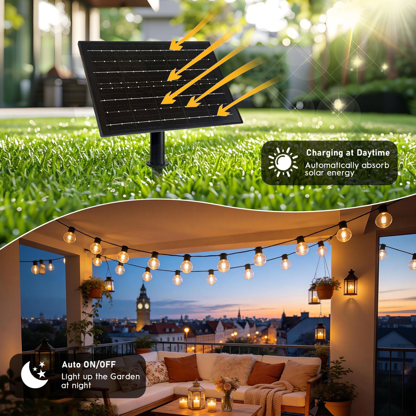 Mibote Solar Outdoor String Lights, 50FT 25 G40 Bulbs Shatterproof Patio Lights,IP44 Waterproof,Dimmable ,Remote Control for Patio Garden