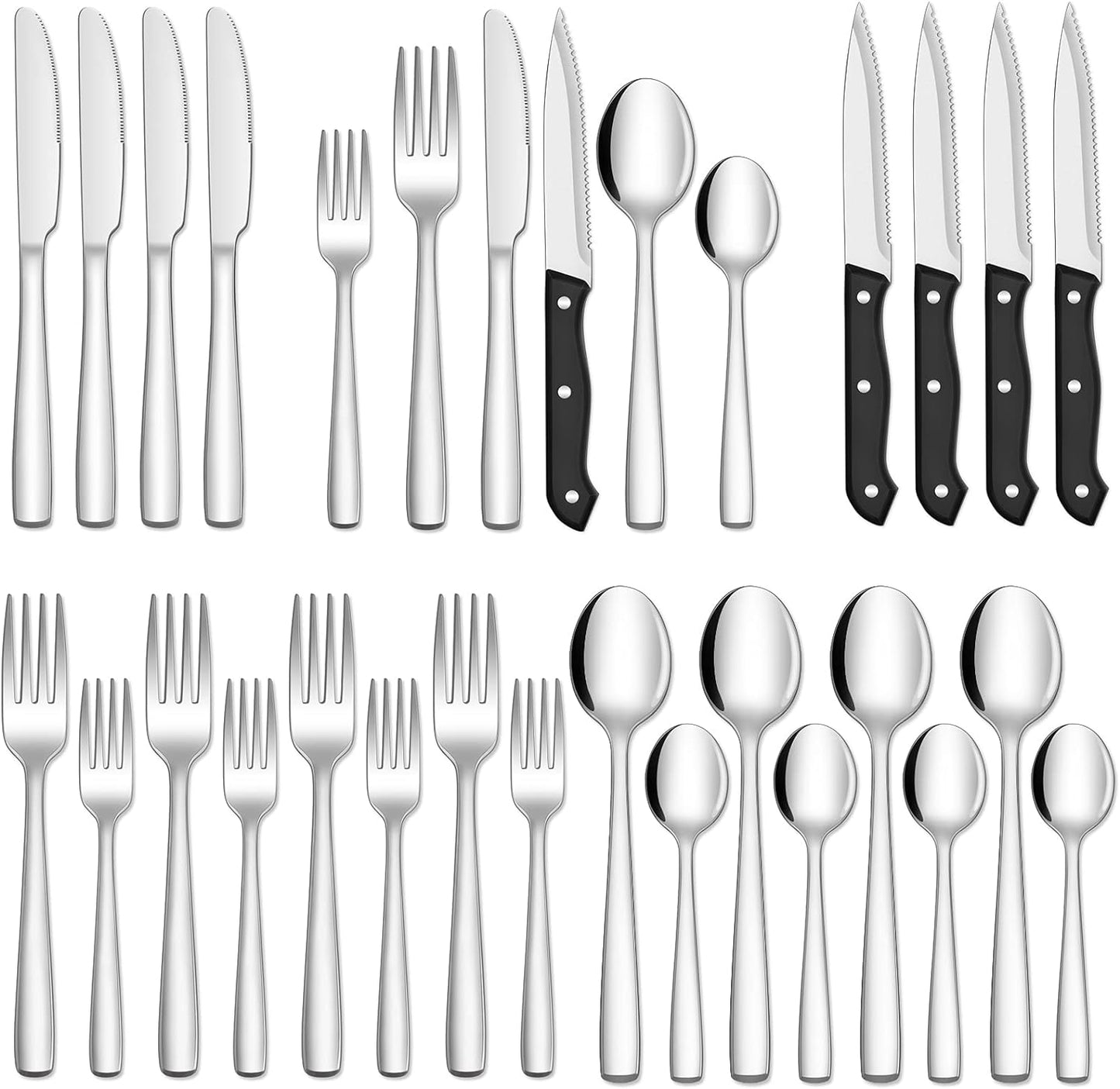 AOKIWO 24PCS Silverware Set with Steak Knives, Stainless Steel Mirror Polished Forks Spoons Flatware