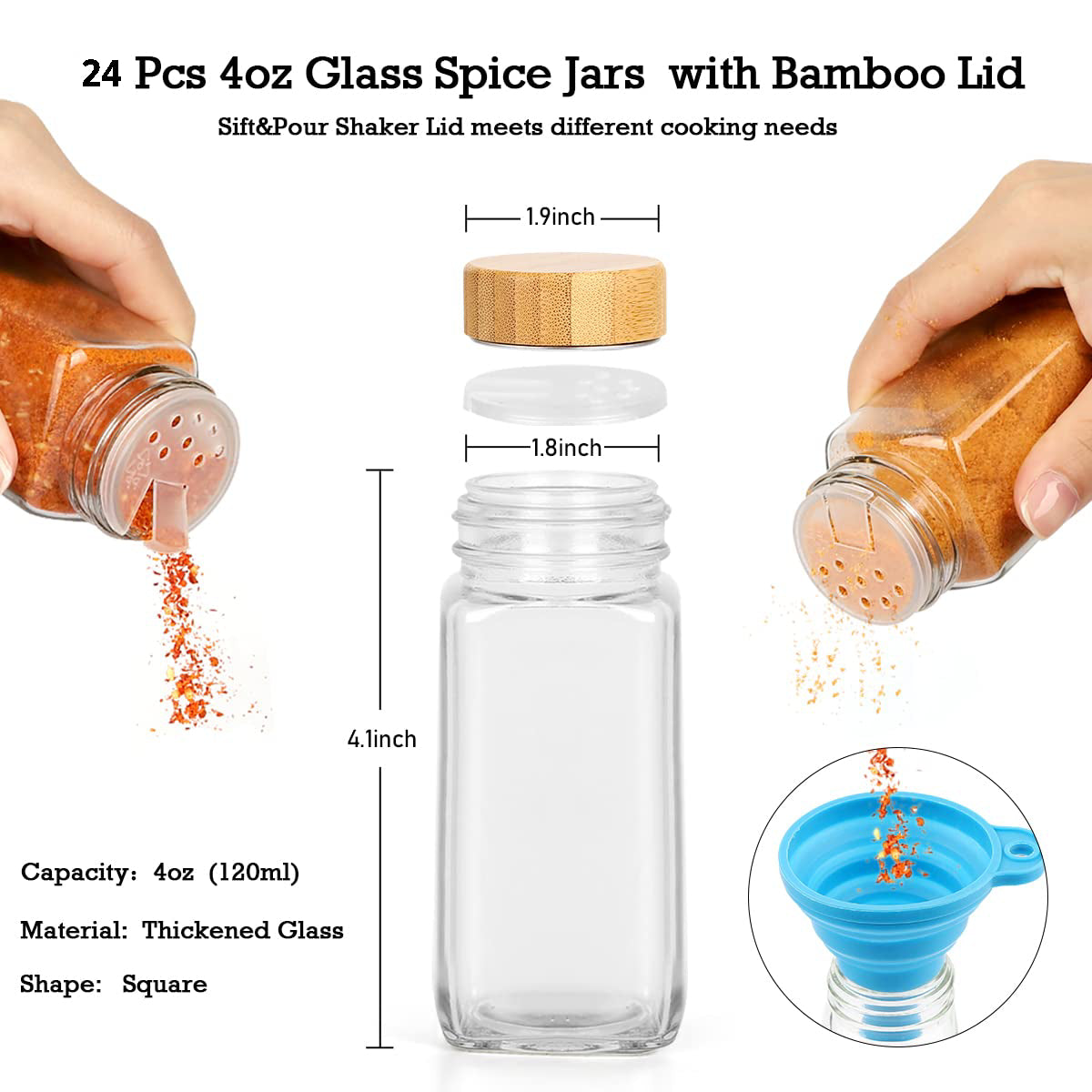 Spice Jars with Labels, 24 Pcs 4oz Glass Spice Jars with Bamboo Lid and 648 Waterproof Printed Labels, 2 Salt and Pepper Grinder Set, Empty Spice Containers Bottles for Pantry,Cabinet,Drawer