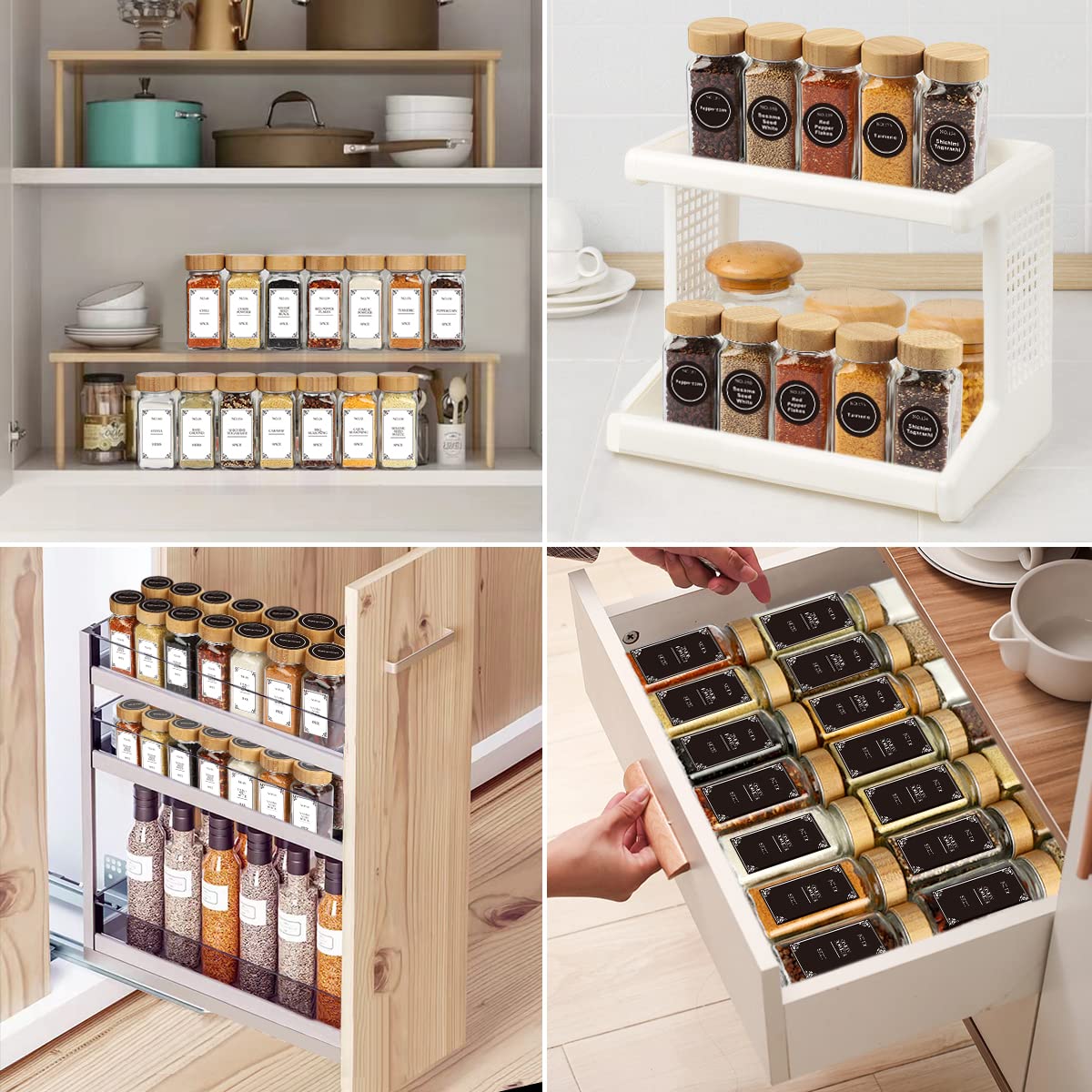 Spice Jars with Labels, 24 Pcs 4oz Glass Spice Jars with Bamboo Lid and 648 Waterproof Printed Labels, 2 Salt and Pepper Grinder Set, Empty Spice Containers Bottles for Pantry,Cabinet,Drawer