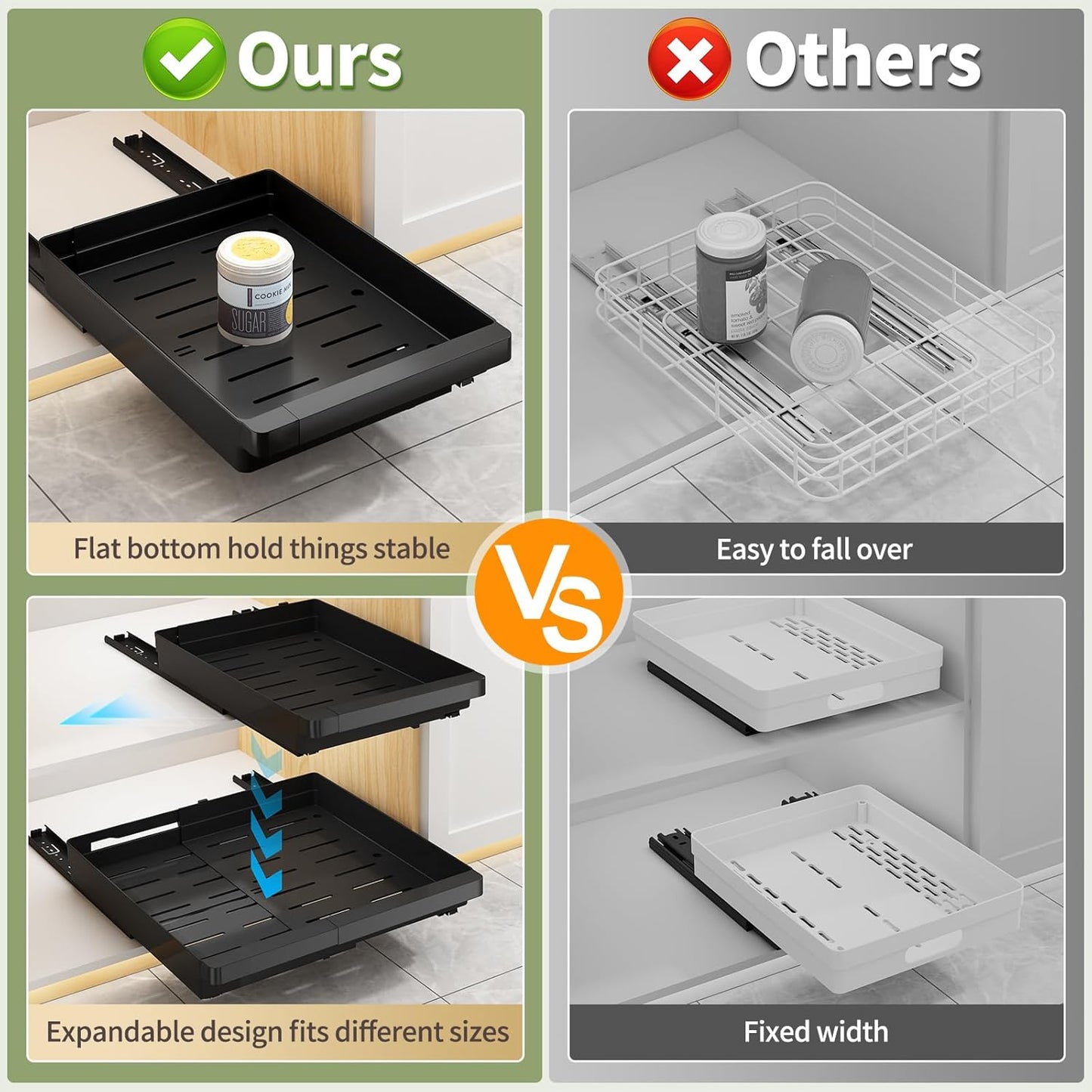 2 Pcs Pull Out Cabinet Organizers Expandable (11.6''-17.5''), Plastic Slide Out Drawers for Kitchen, Bathroom, Pantry, Under Sink, Pull Out Drawers Fixed with Adhesive Nano Film (Black)