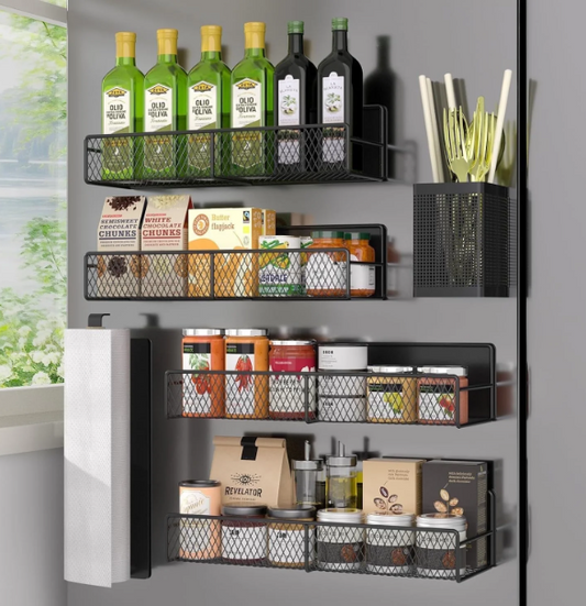 Magnetic Spice Rack Organizer, AOKIWO 6 Pack Moveable Fridge Spice Shelves for Refrigerator, Strong Magnetic Metal Refrigerator Shelf Organizer with Paper Towel Holder, Utensils Holder, Black