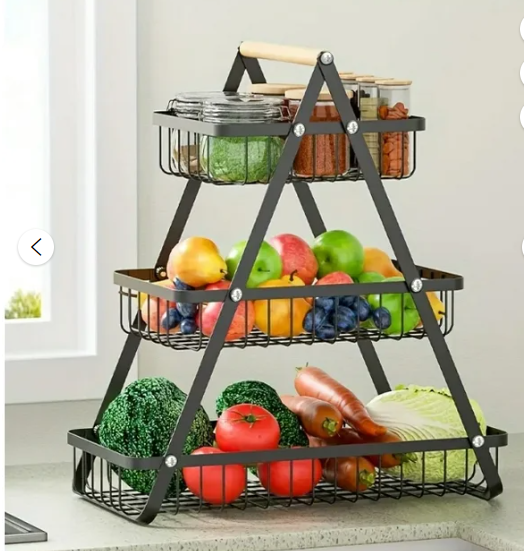 3 Tier Fruit Basket with Wooden Handles, TAIMASI Metal Storage Basket Kitchen Office Home Counter Dining Organizer for Fruit, Vegetable, Snacks, Black