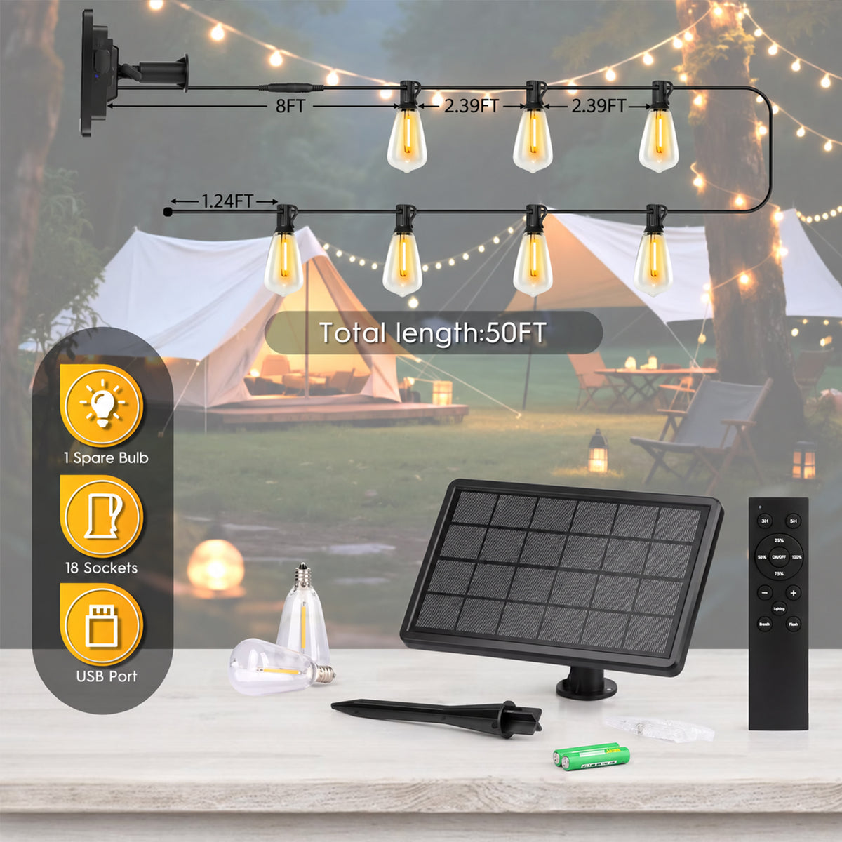50FT Solar String Lights Outdoor Waterproof, Patio Lights with Remote Control & 18+1 Dimmable ST38 Edison Bulbs Shatterproof,Solar Powered String Lights for Outside Garden Backyard