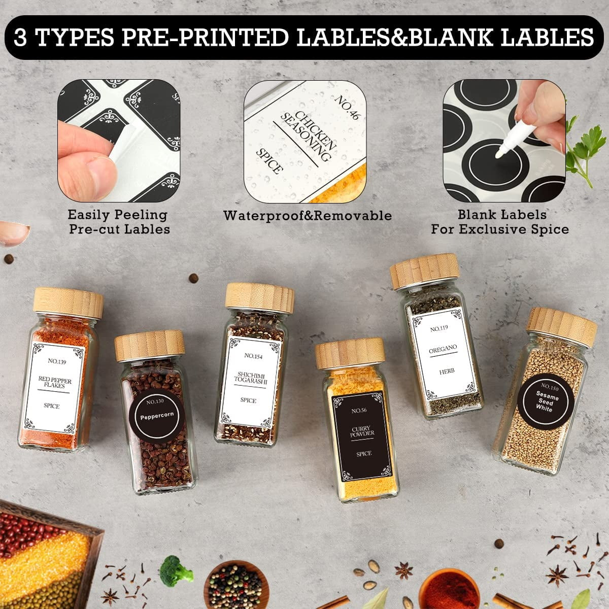 Spice Jars with Labels, 24 Pcs 4oz Glass Spice Jars with Bamboo Lid and 648 Waterproof Printed Labels, 2 Salt and Pepper Grinder Set, Empty Spice Containers Bottles for Pantry,Cabinet,Drawer