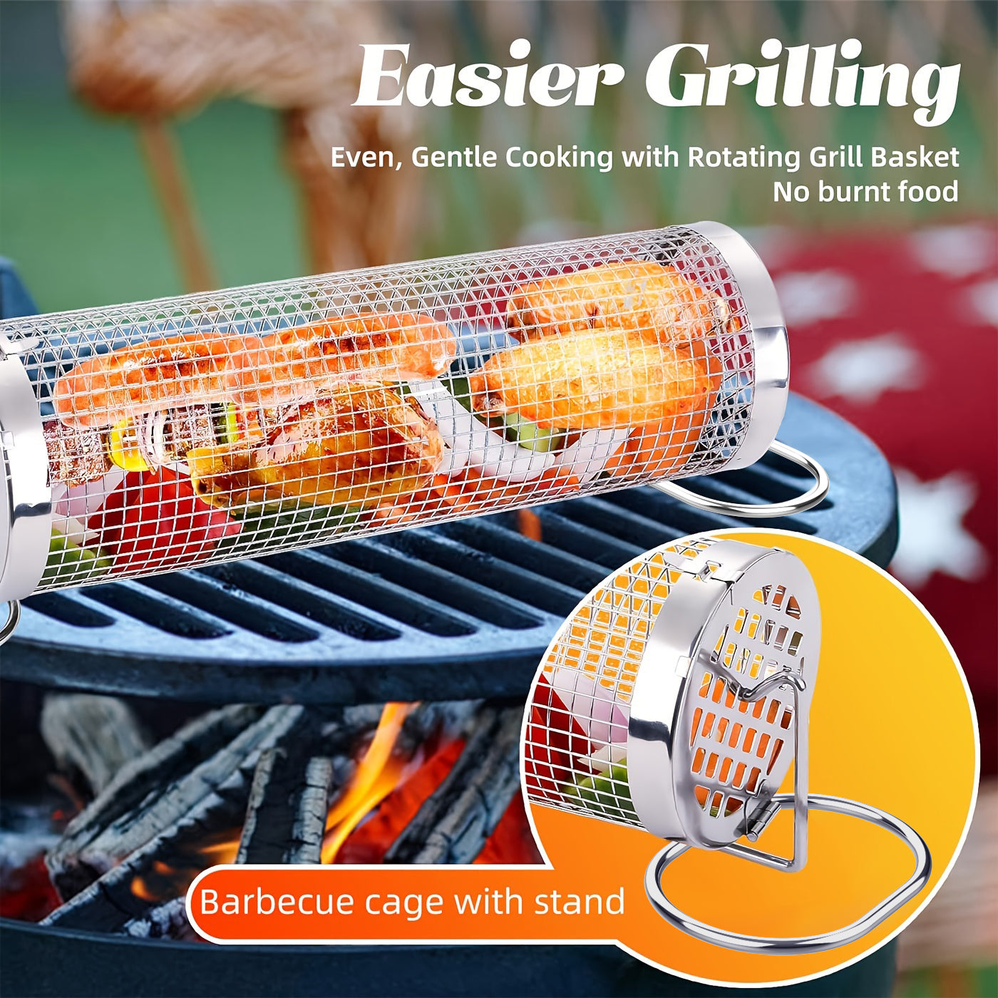 Rolling Grill Baskets for Outdoor Grilling, 2 Pcs Stainless Steel Grill Mesh, Rolling Grill Baskets for Outdoor Grill, Portable Grill Nets Cylinder for Shrimp, Meat Barbecue Camping Picnic with Forks