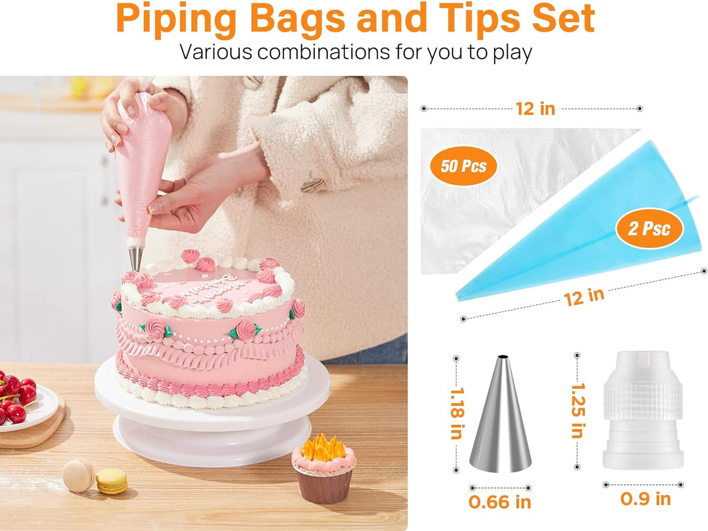 71 PCs Cake Decorating Supplies Kit with Cake Turntable, 12 Numbered Icing Piping Tips, 2 Spatulas, 3 Icing Comb Scraper, 50+2 Piping Bags, and 1 Coupler for Baking