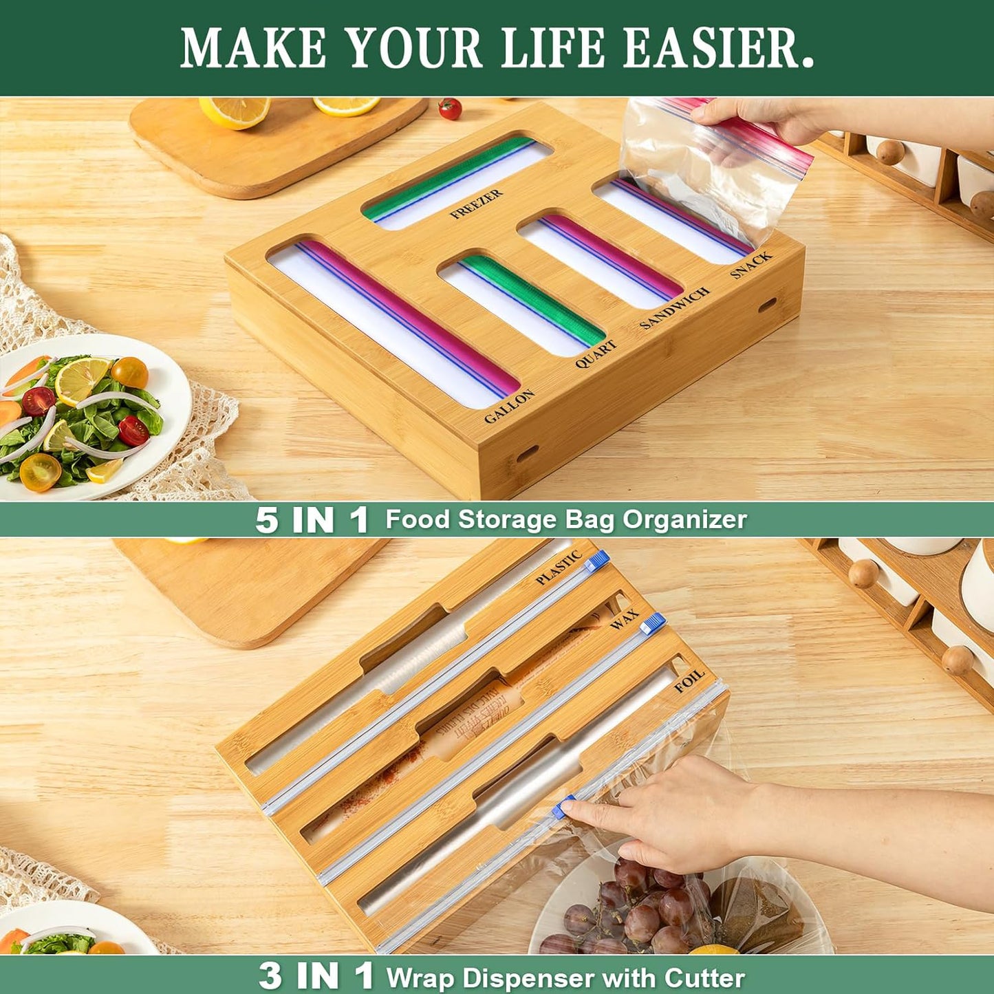 9 IN 1 Kitchen Ziplock Bag Organizer, AOKIWO Bamboo Foil and Plastic Wrap with Cutter for Kitchen Drawer, Compatible Gallon, Quart, Sandwich Snack Size