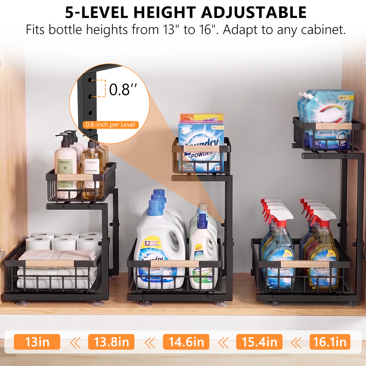 TAIMASI 2 Pack Under Sink Organizers and Storage, 2-Tier Pull Out Cabinet Organizer with Sliding Drawer, Adjustable Height Metal Bathroom Sink Organizer for Kitchen Pantry Closet, Black