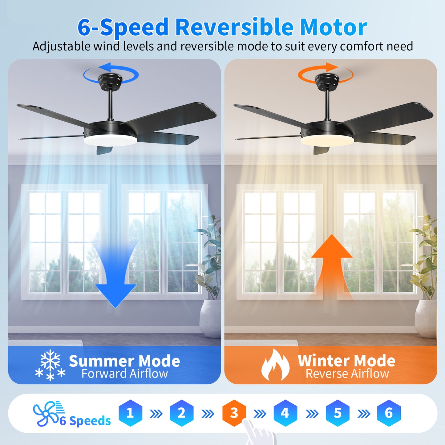Kaqinu Ceiling Fans with Lights and Remote & App Control,45 inch Modern Ceiling Fans,6 Speeds 3 Colors for Indoor
