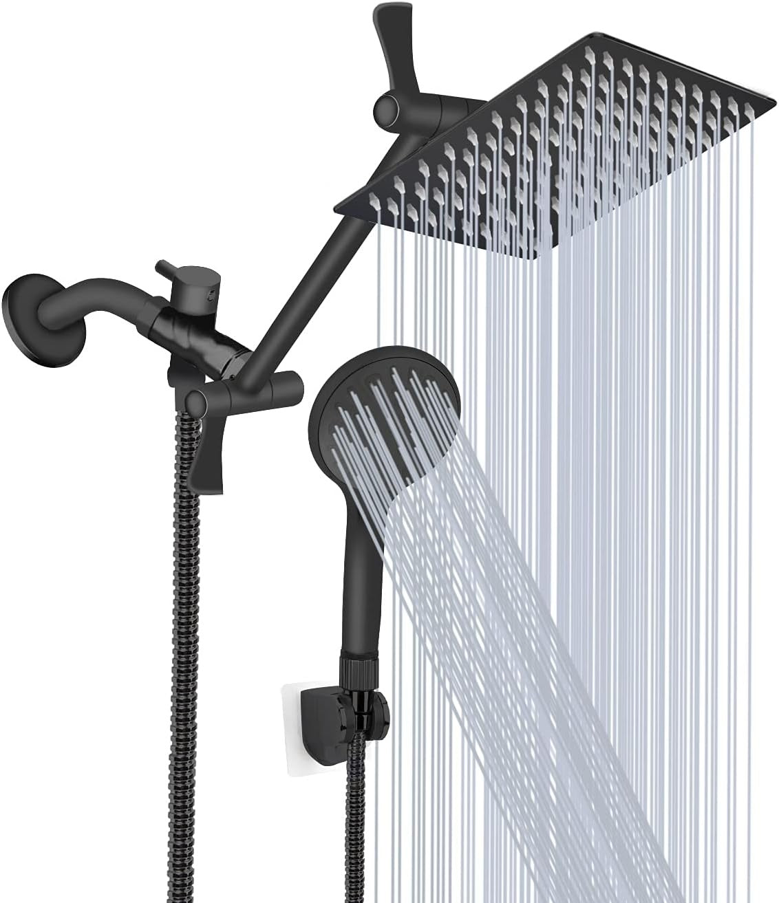 Shower Head, 8'' High Pressure Rainfall/Handheld Shower Combo with 11'' Extension Arm, 9 Settings, Anti-leak Shower Head with Holder, Height/Angle Adjustable, Chrome, Matte Black