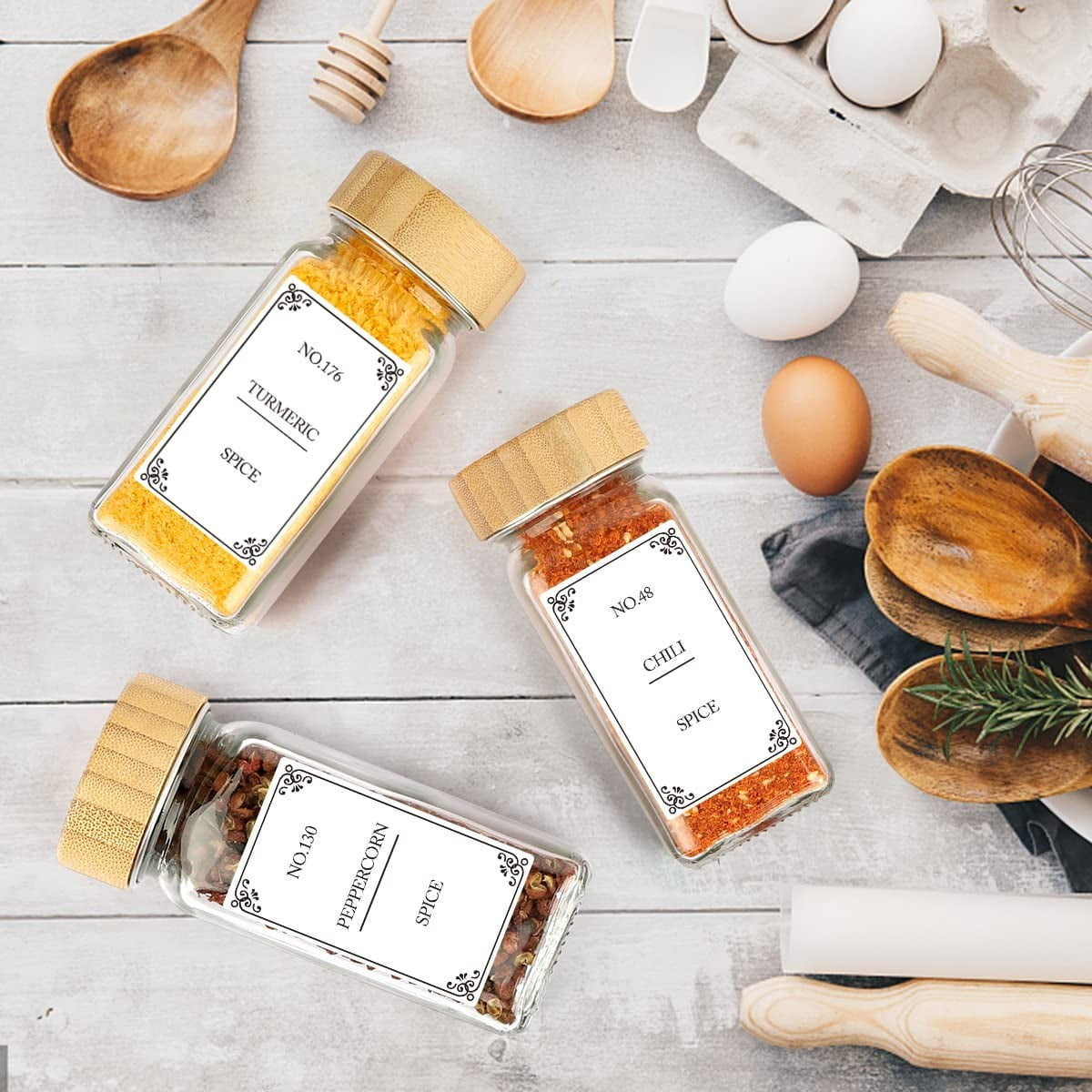 Spice Jars with Labels, 24 Pcs 4oz Glass Spice Jars with Bamboo Lid and 648 Waterproof Printed Labels, 2 Salt and Pepper Grinder Set, Empty Spice Containers Bottles for Pantry,Cabinet,Drawer