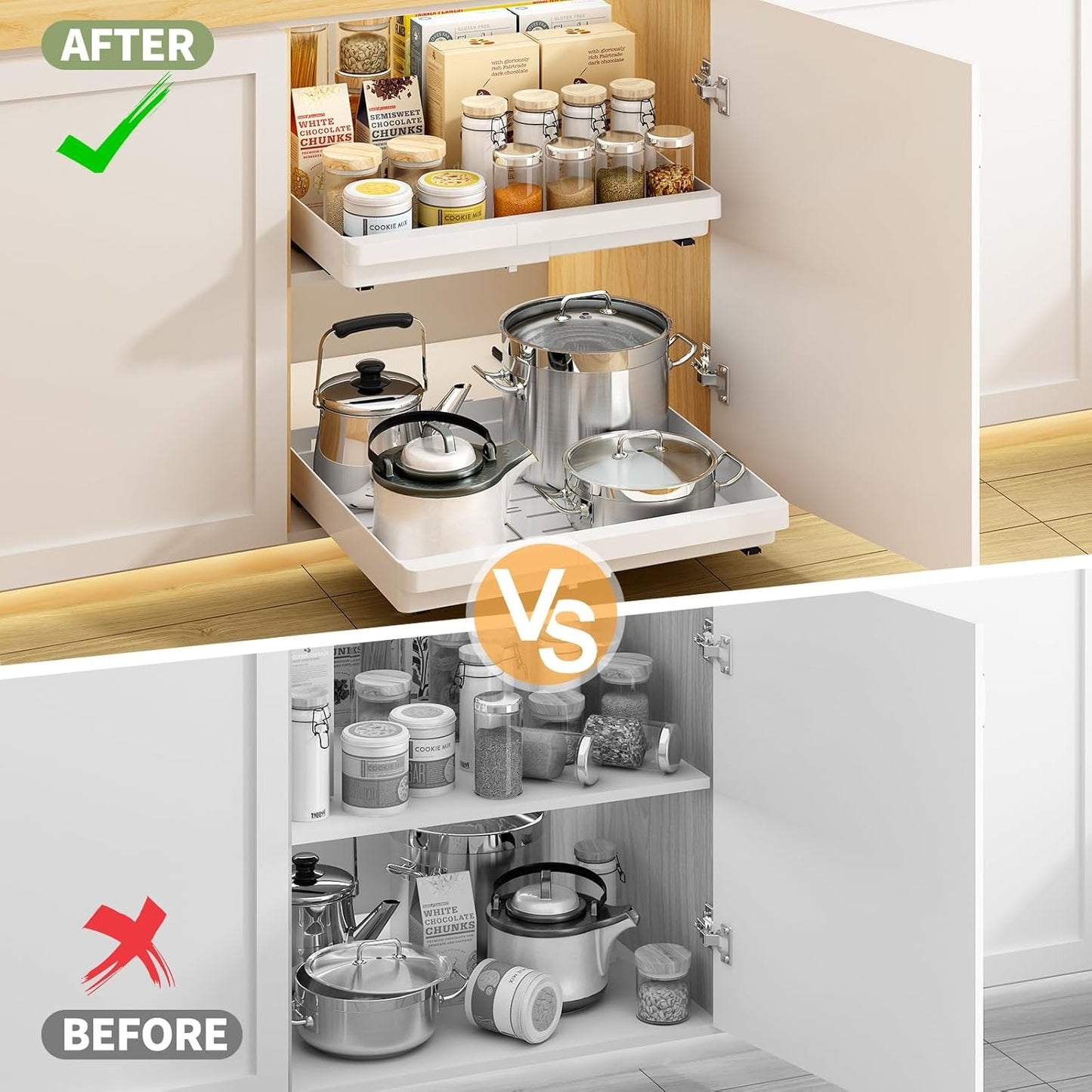 2 Pack Pull Out Cabinet Organizers Expandable (13''-19''), Slide Out Drawers for Kitchen, Bathroom, Pantry, Under Sink Storage, Pull Out Drawers Fixed with Adhesive Nano Film (White)