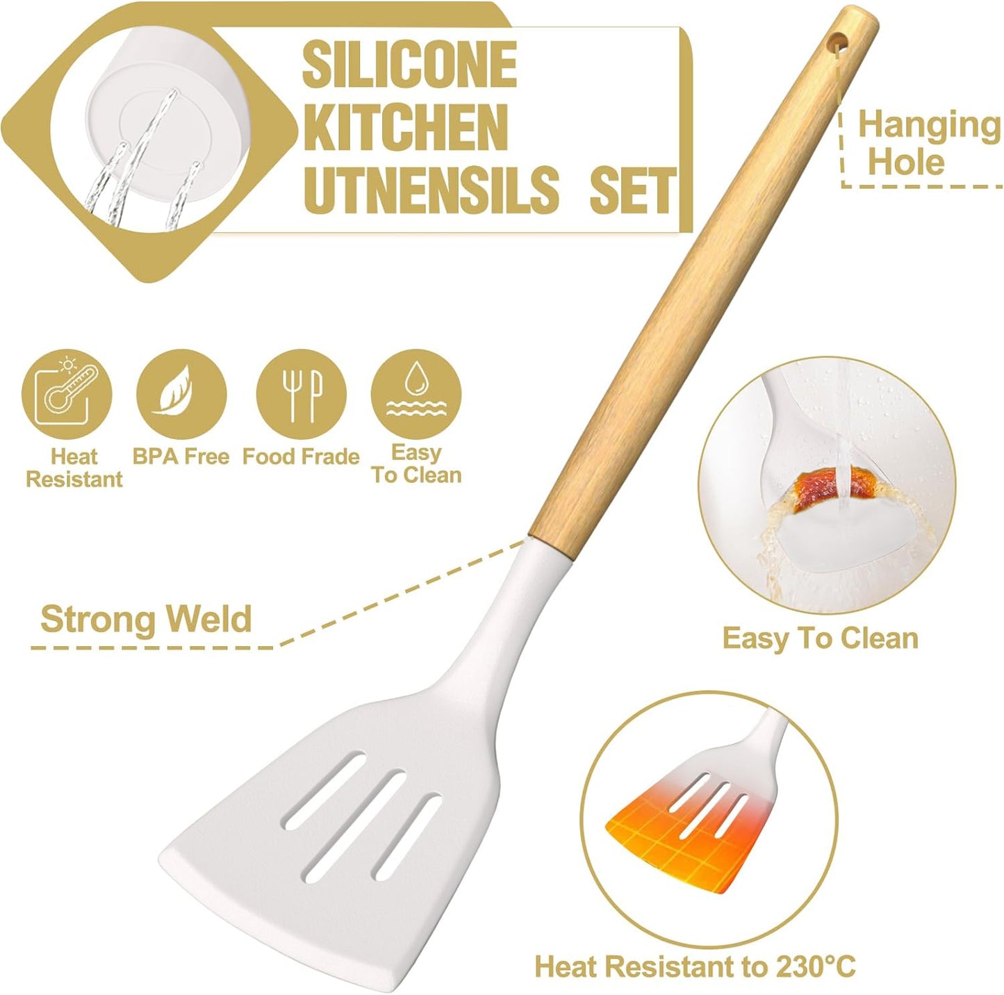Silicone Kitchen Utensil Set, AOKIWO 34PCS Heat Resistant Kitchen Gadgets and Tools With Grater, Cream White Wood Handles for Nonstick Cookware,White
