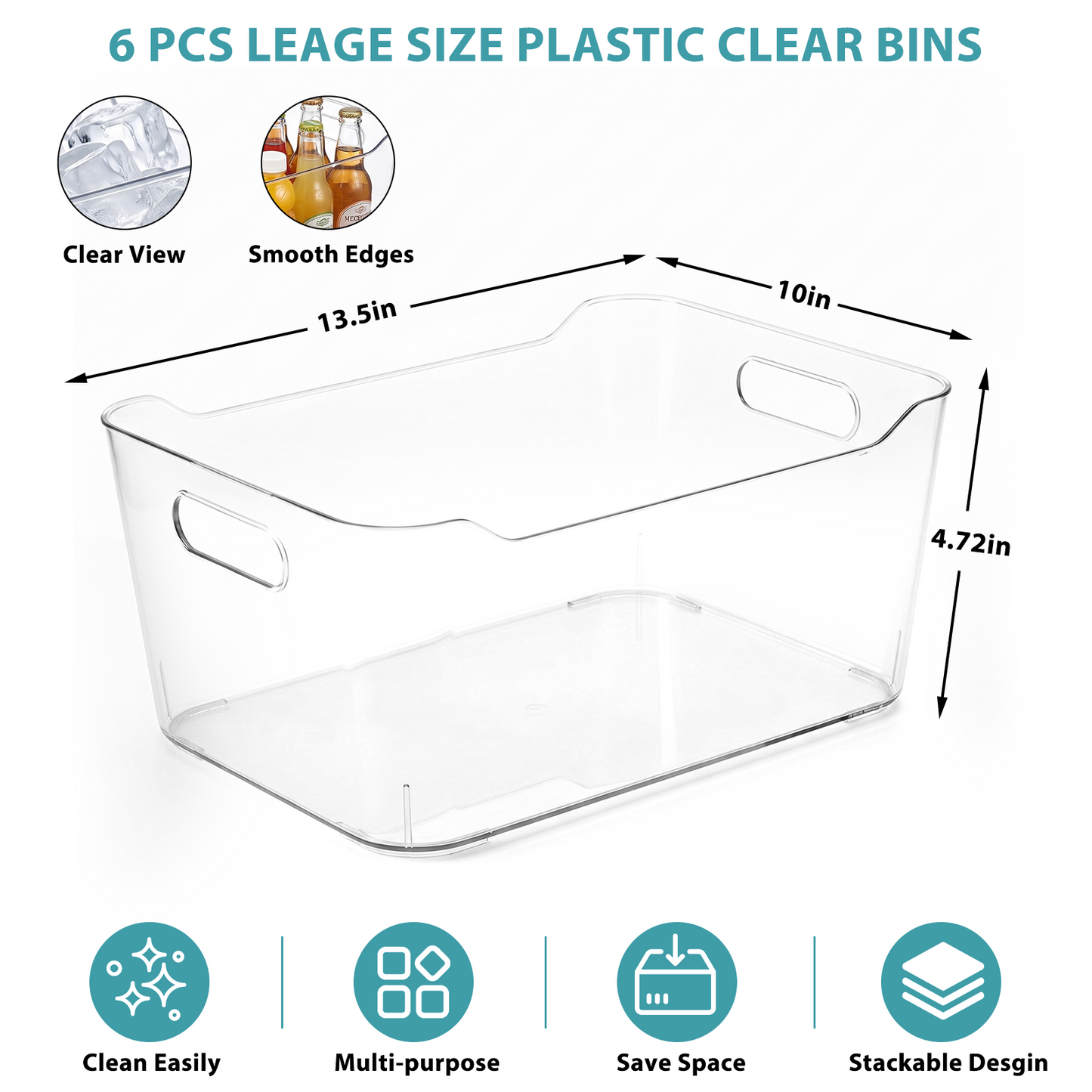 6 Pack Clear Plastic Storage Bins, TAIMASI Extra Large Pantry Organizer, 13.5" x 10" Multi-Use Organizer Bins, Stackable Storage Containers for Home, Kitchen, Cabinet