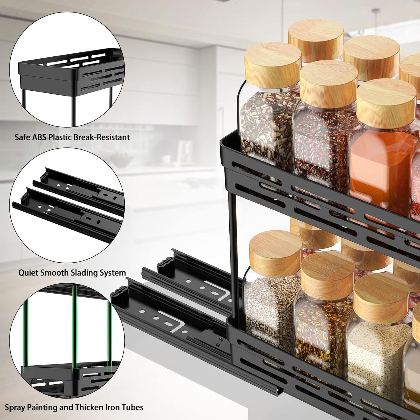 3 Packs Pull Out Spice Rack Organizer for Cabinet, AOKIWO Slide Out Spice Racks Organizer, Easy to Install Spice Cabinet Organizers, 4.33''Wx10.4''Dx8.5''H, Each Tier Hold 10 Spice Jars - 2 Tier