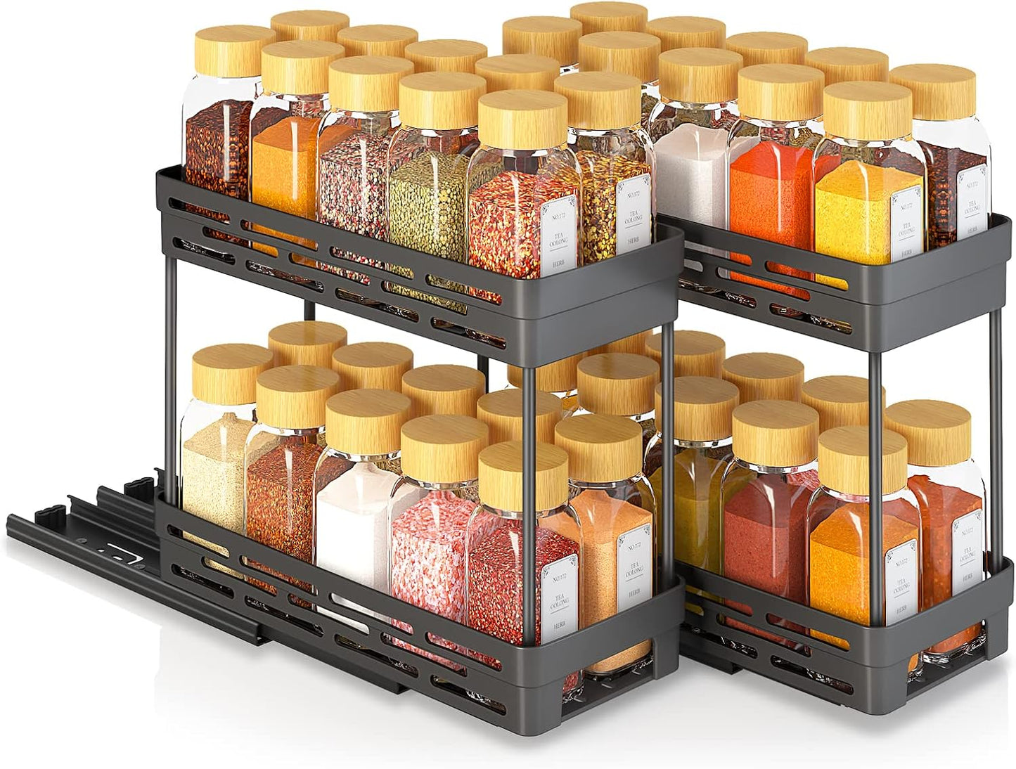 3 Packs Pull Out Spice Rack Organizer for Cabinet, AOKIWO Slide Out Spice Racks Organizer, Easy to Install Spice Cabinet Organizers, 4.33''Wx10.4''Dx8.5''H, Each Tier Hold 10 Spice Jars - 2 Tier