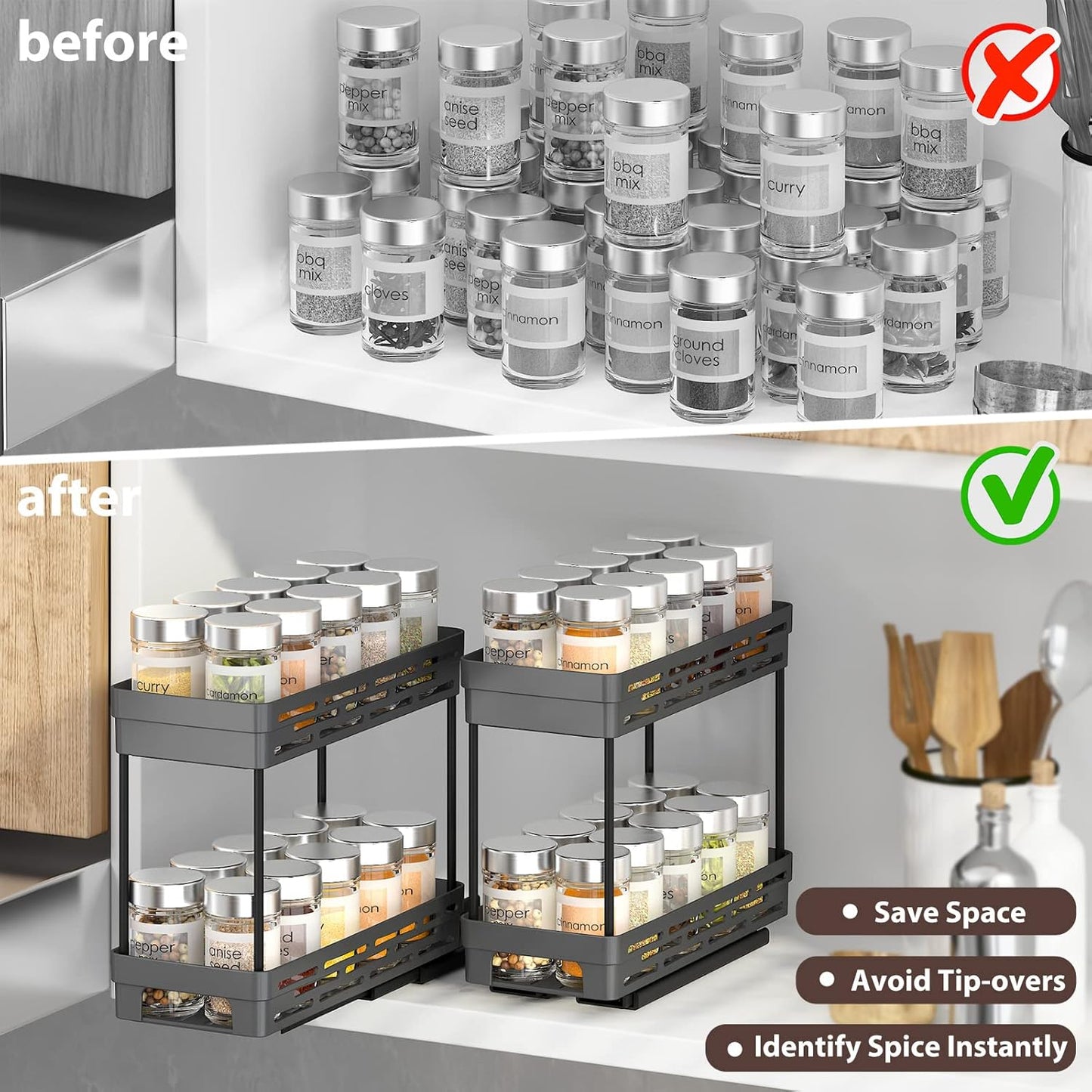 3 Packs Pull Out Spice Rack Organizer for Cabinet, AOKIWO Slide Out Spice Racks Organizer, Easy to Install Spice Cabinet Organizers, 4.33''Wx10.4''Dx8.5''H, Each Tier Hold 10 Spice Jars - 2 Tier