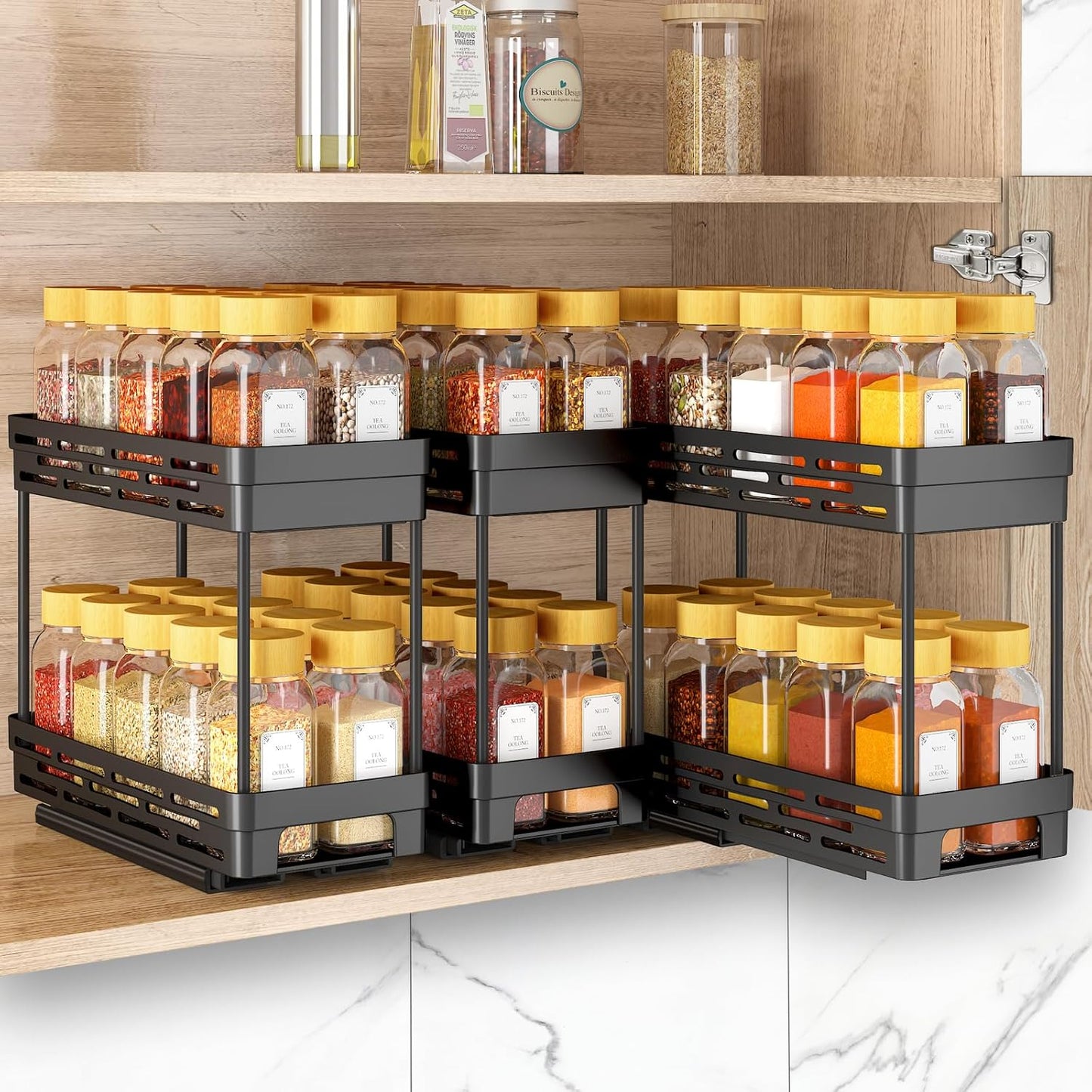 3 Packs Pull Out Spice Rack Organizer for Cabinet, AOKIWO Slide Out Spice Racks Organizer, Easy to Install Spice Cabinet Organizers, 4.33''Wx10.4''Dx8.5''H, Each Tier Hold 10 Spice Jars - 2 Tier