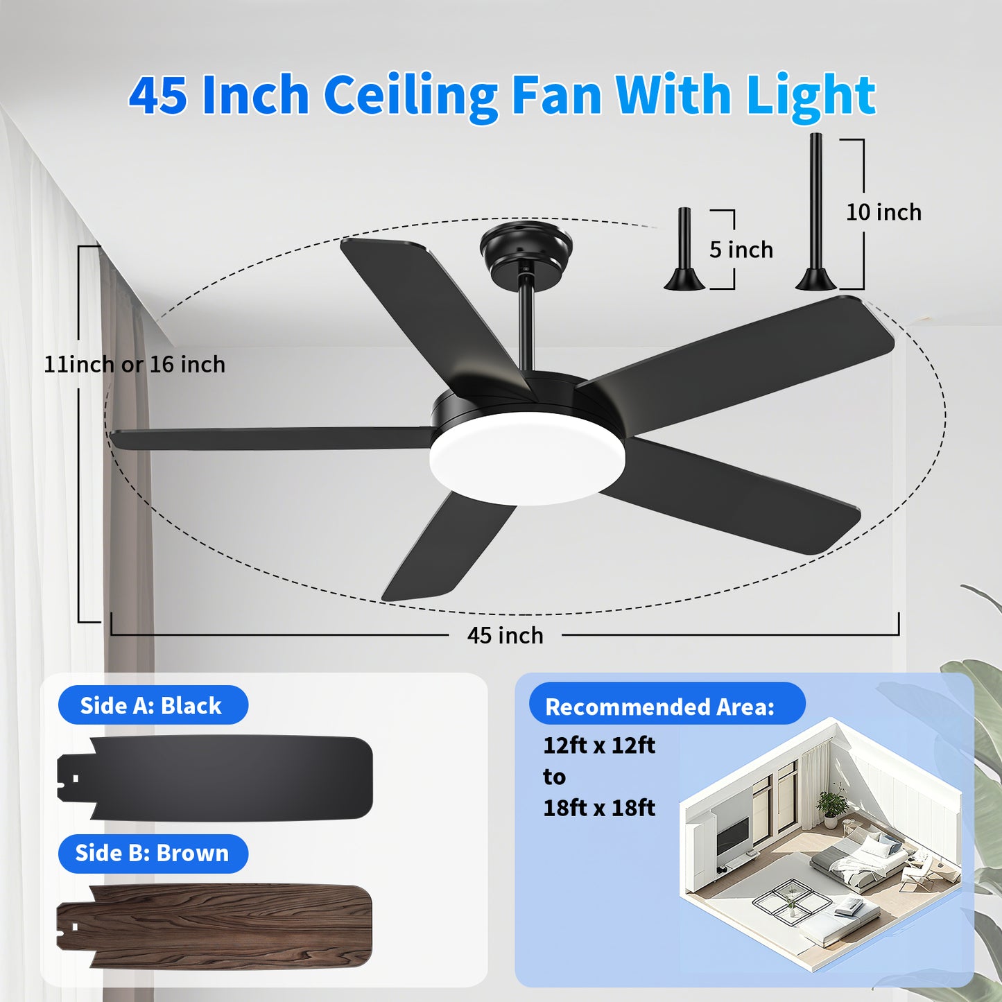 Kaqinu Ceiling Fans with Lights and Remote & App Control,45 inch Modern Ceiling Fans,6 Speeds 3 Colors for Indoor