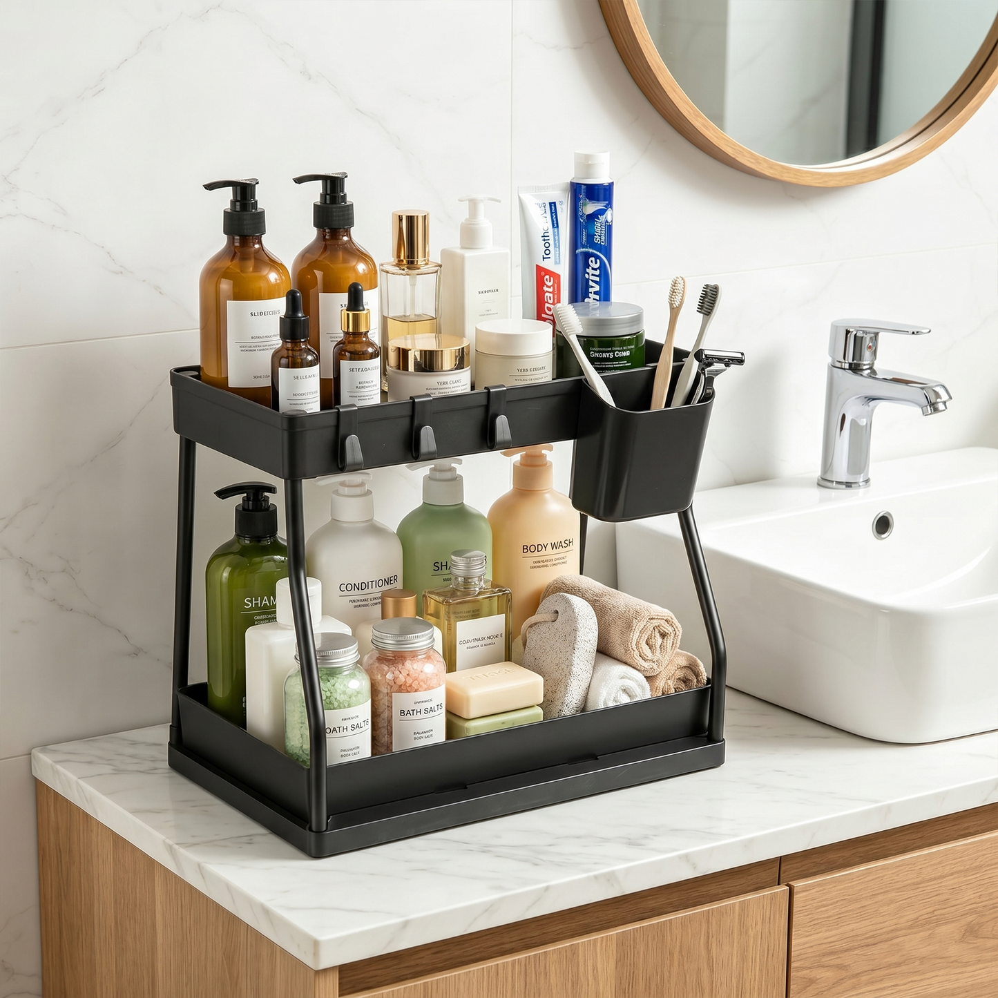 1 Pack Under Sink Organizer, 2 Tier L-Shaped Pull Out Cabinet Organizer for Kitchen and Bathroom, Space Saving Sliding Drawer Storage Rack, Durable Plastic Narrow Space Shelves, Black