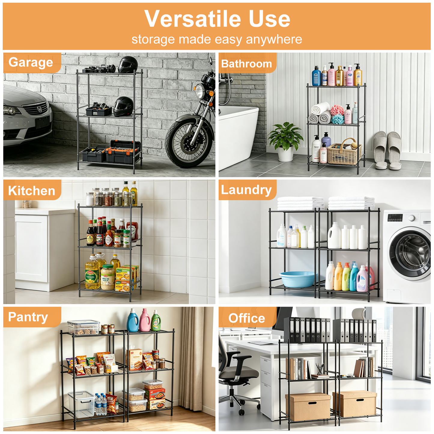 3-Shelf Steel Wire Rack Storage Shelving Organizer, Sturdy Garage Metal Rack, Tiny Versatility Storage Shelves for Kitchen, Pantry, Under Desk, 15.94" L x 10.03" W x 26.77" H, Black