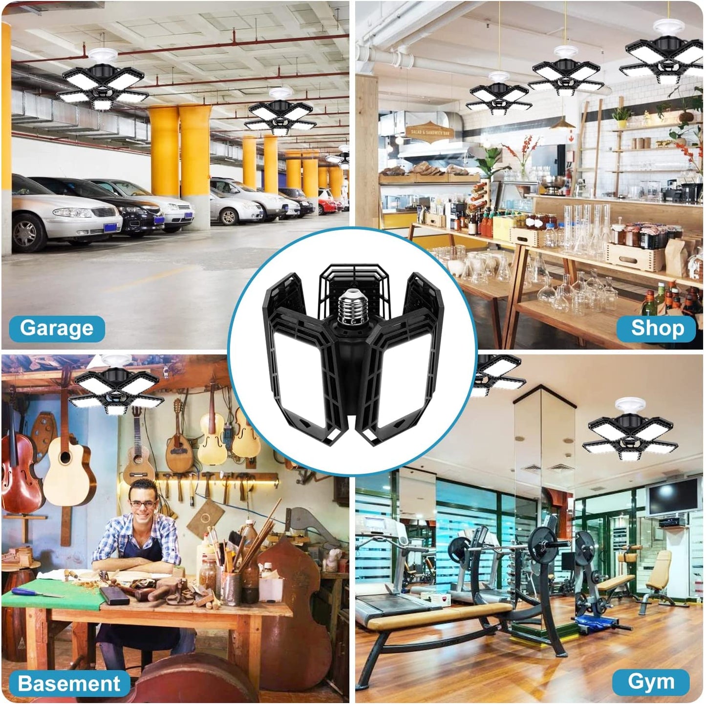 2 Pack LED Garage Lights, 160W Deformable LED Garage Ceiling Lights with 5 Adjustable Panels, E26 / E27 LED Lights for Garage