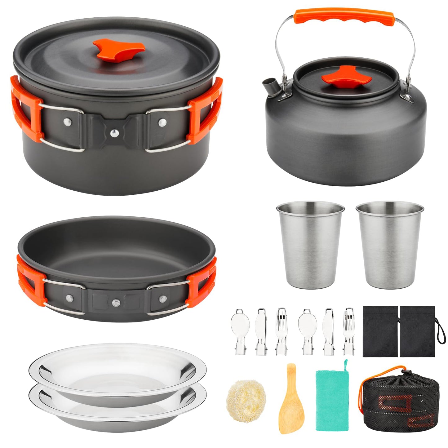 16pcs Camping Cookware Kit, 0.45Gal Pot, 7inches Pan,0.30Gal Kettle Set with 2 Set Stainless Steel Cups Plates Forks Knives Spoons for Hiking,Camping,Backpacking,Outdoor Cooking and Picnic