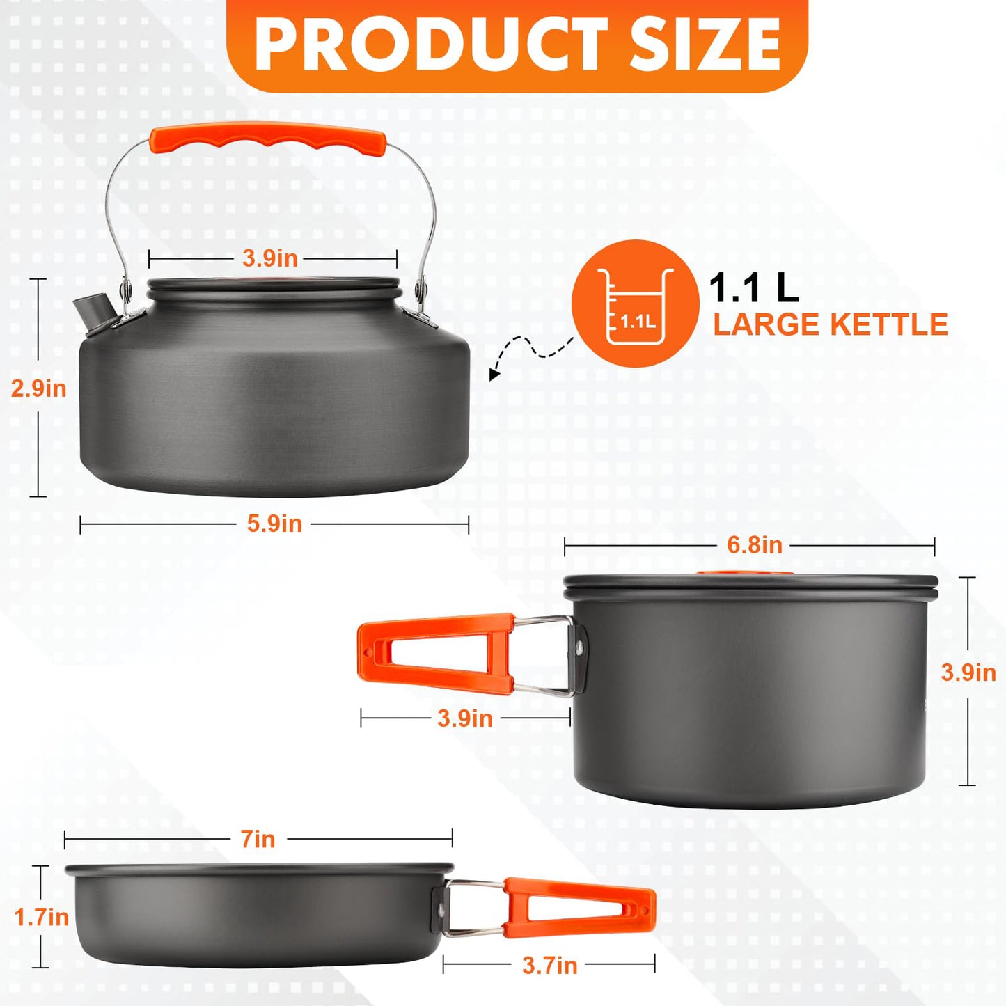 16pcs Camping Cookware Kit, 0.45Gal Pot, 7inches Pan,0.30Gal Kettle Set with 2 Set Stainless Steel Cups Plates Forks Knives Spoons for Hiking,Camping,Backpacking,Outdoor Cooking and Picnic