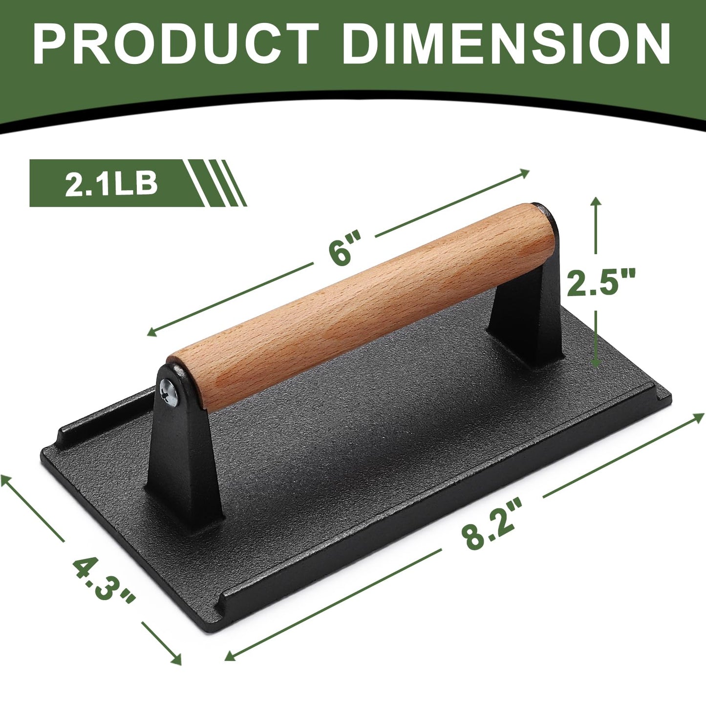 Burger Press, 8.2" X 4.3" Rectangle Heavy-Duty Cast Iron Smash Bacon Press Meat Steak with Wood Handle for Griddle, Sandwich, Nonstick Pan
