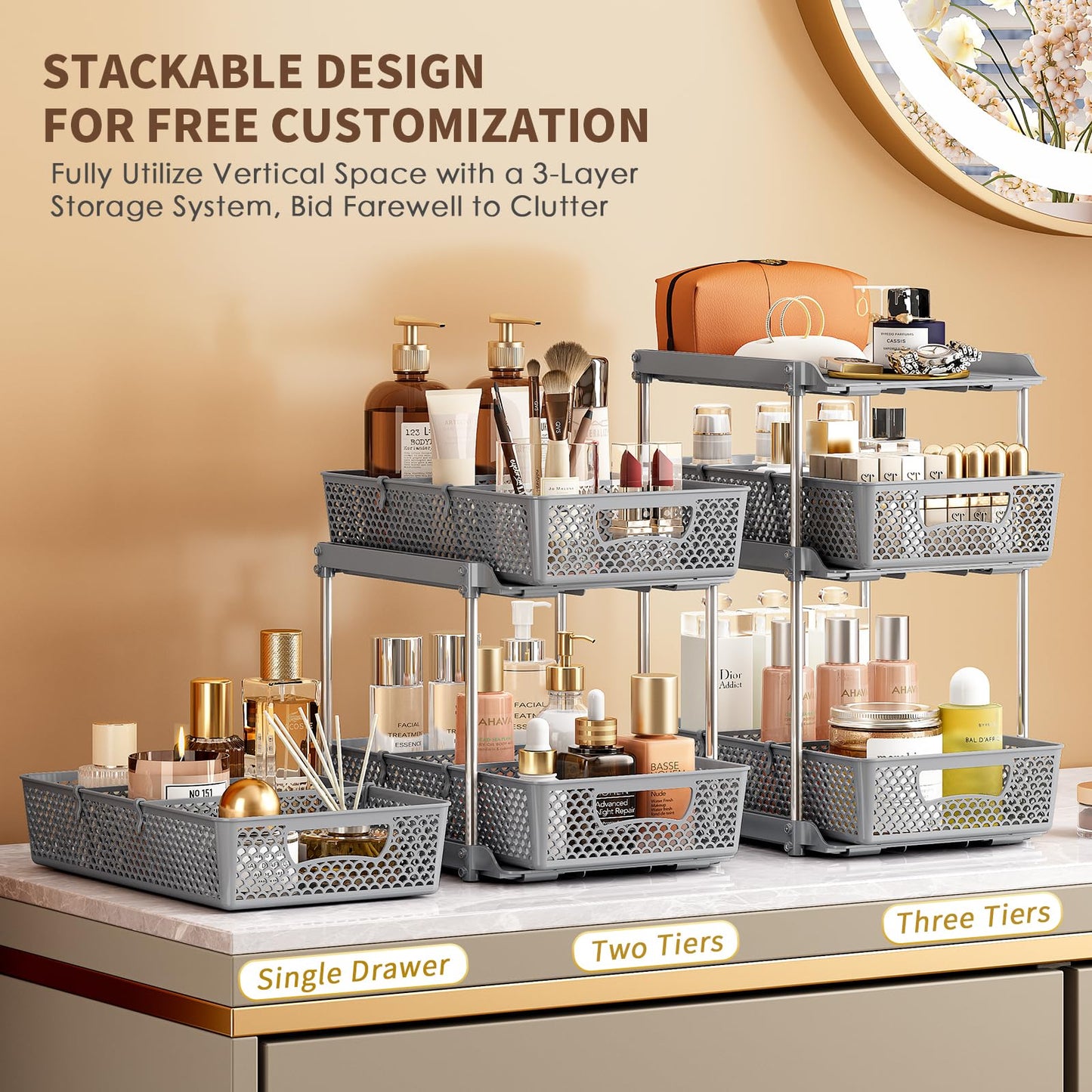 2 Pcs 3 Tier Bathroom Organizers and Storage, Pull Out Under Sink Organizer with Dividers, Kitchen Pantry Organizers and Storage, Bathroom Storage Cabinet - Grey