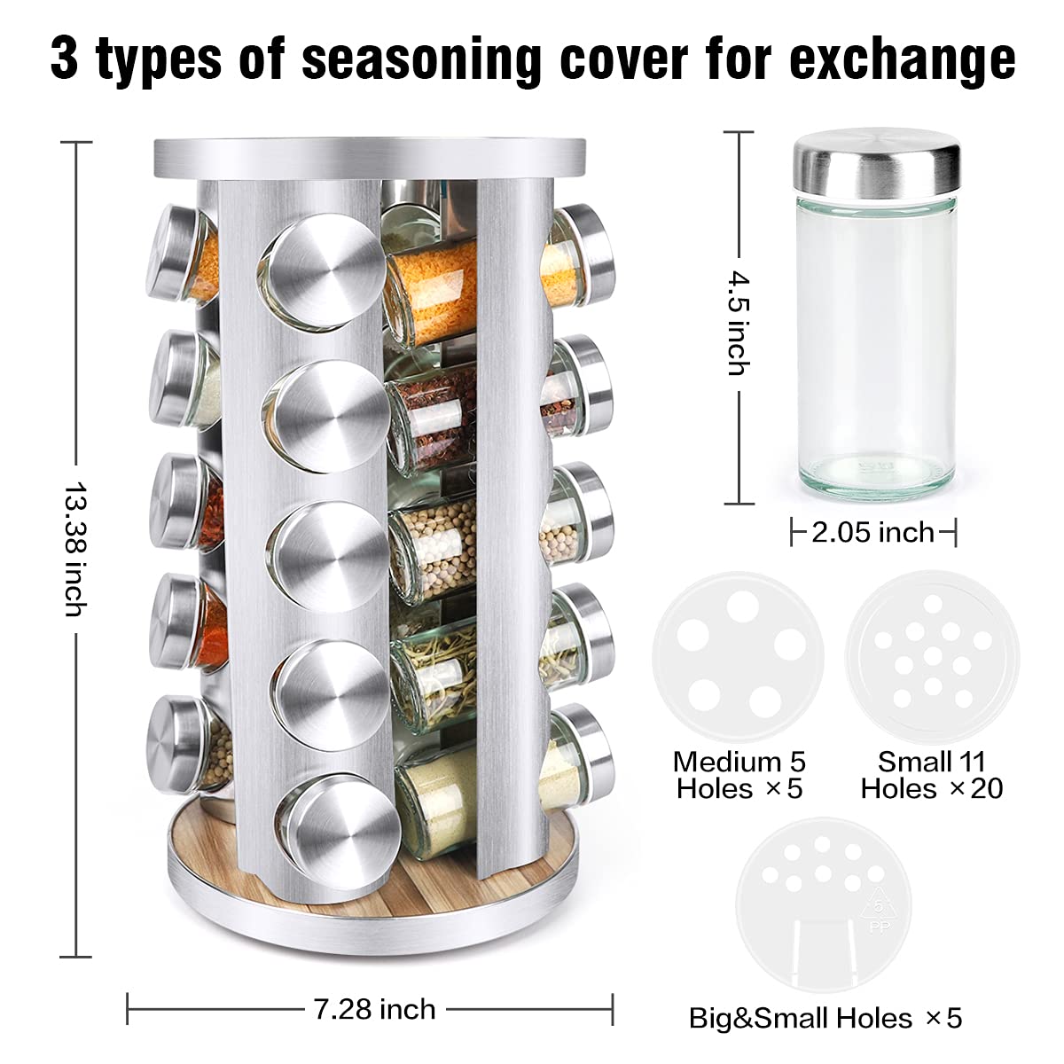 Spice Rack Organizer with Jars (20Pcs) for Cabinet Revolving / Rotating Organizer, Stainless Steel/Wooden Countertop Rack Tower Organizer for Kitchen Pantry with Reusable Labels / Funnel / Brushes