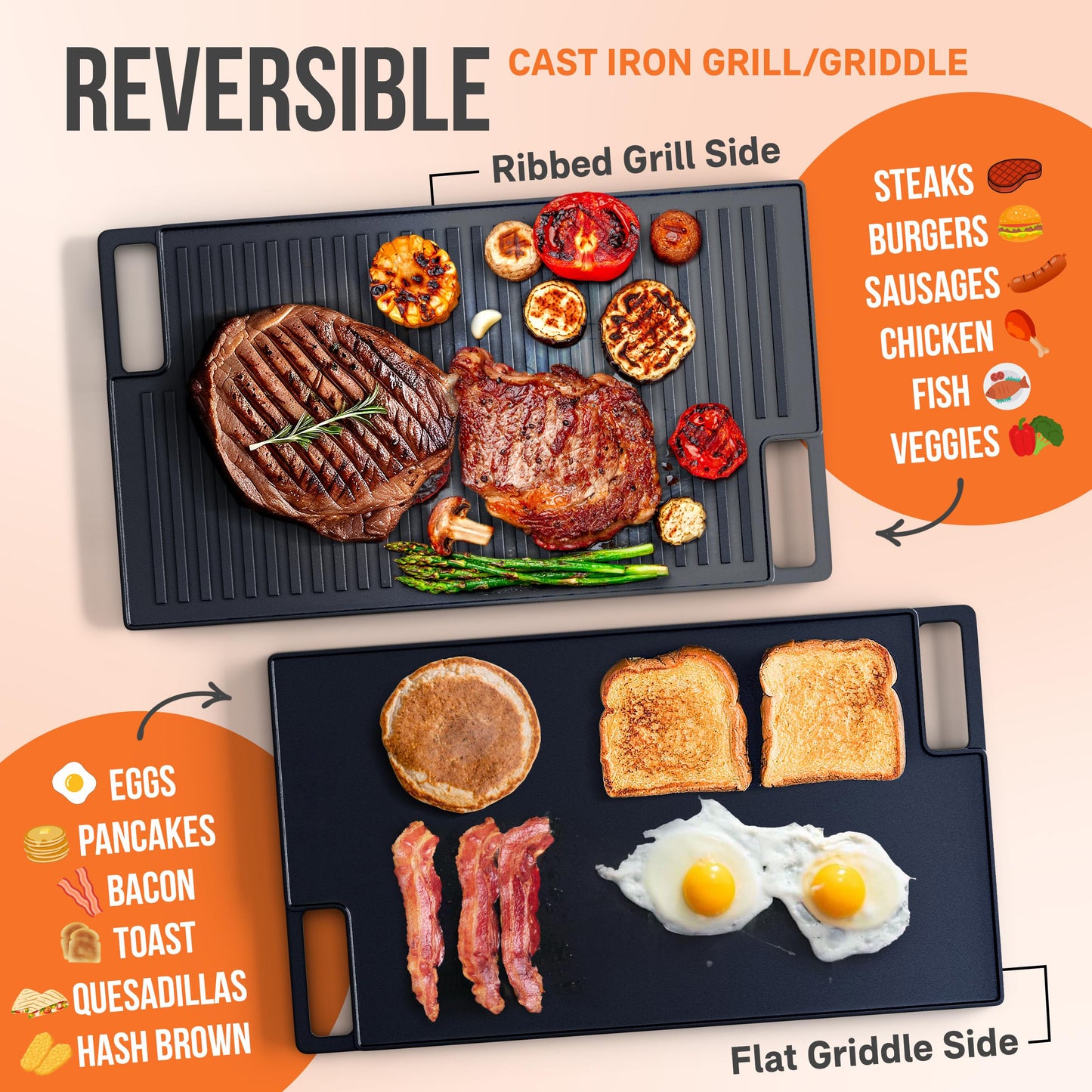 Cast Iron Griddle, Reversible Grill/Griddle + Cast Iron Press + Pinch Mitts, Grill Pan For Stove Top, Gas Grill, Indoor & Outdoor Cooking - Pre Seasoned & Non-stick (10.1" x 17.9")