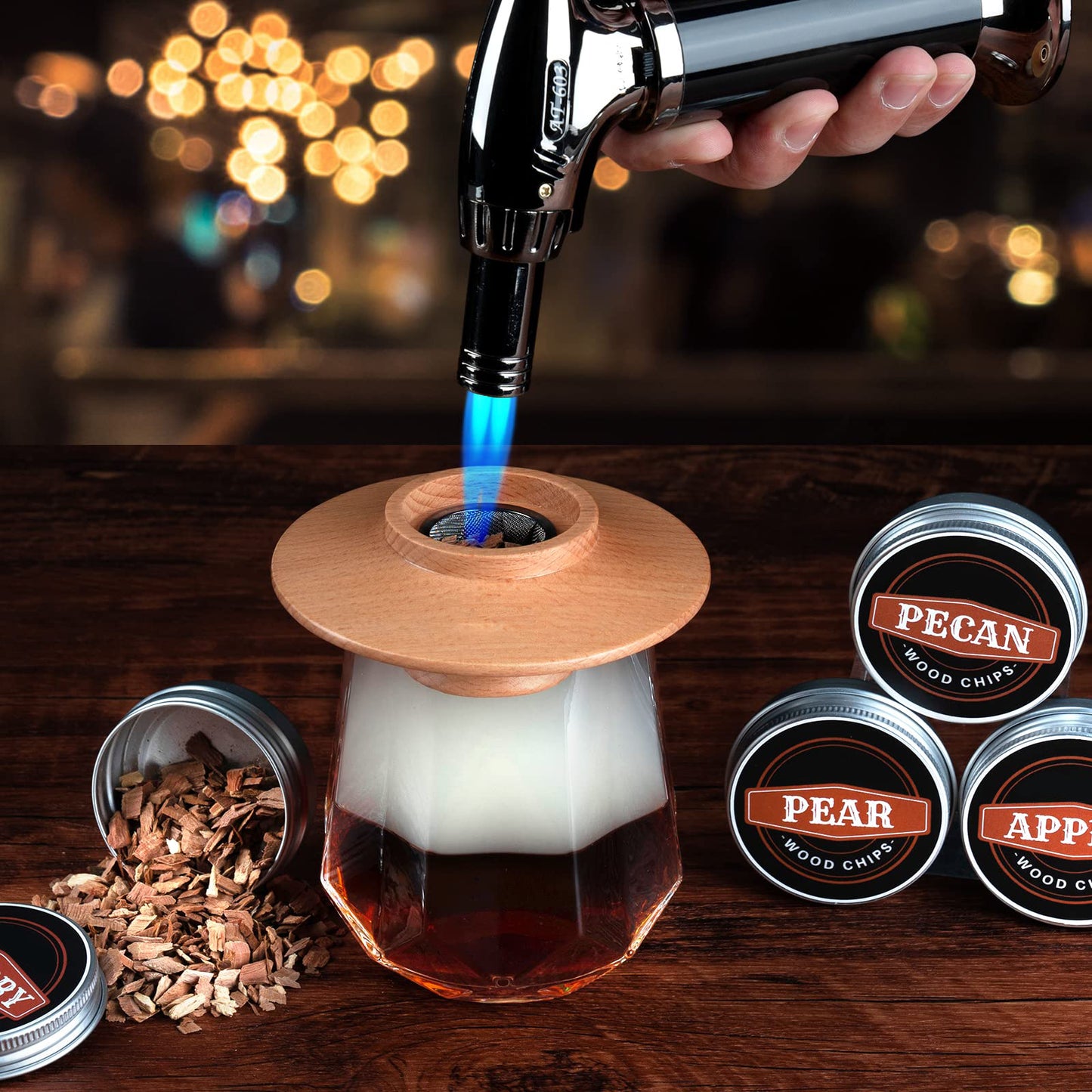 Cocktail Smoker Kit with Torch with 6 Flavored Wood Chips for Bourbon, Old Fashioned Chimney Drinks, Whiskey Smoker Kit, Ideal Gifts for Him,Men,Boyfriend, Husband, Dad