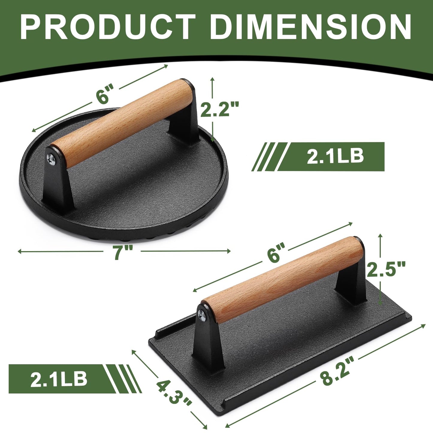 Burger Press, 7" Round & 8.2"X4.3" Rectangle Heavy-Duty Cast Iron Smash Bacon Press Meat Steak with Wood Handle for Blackstone Camp Chef Griddle Grills (Round & Rectangle)