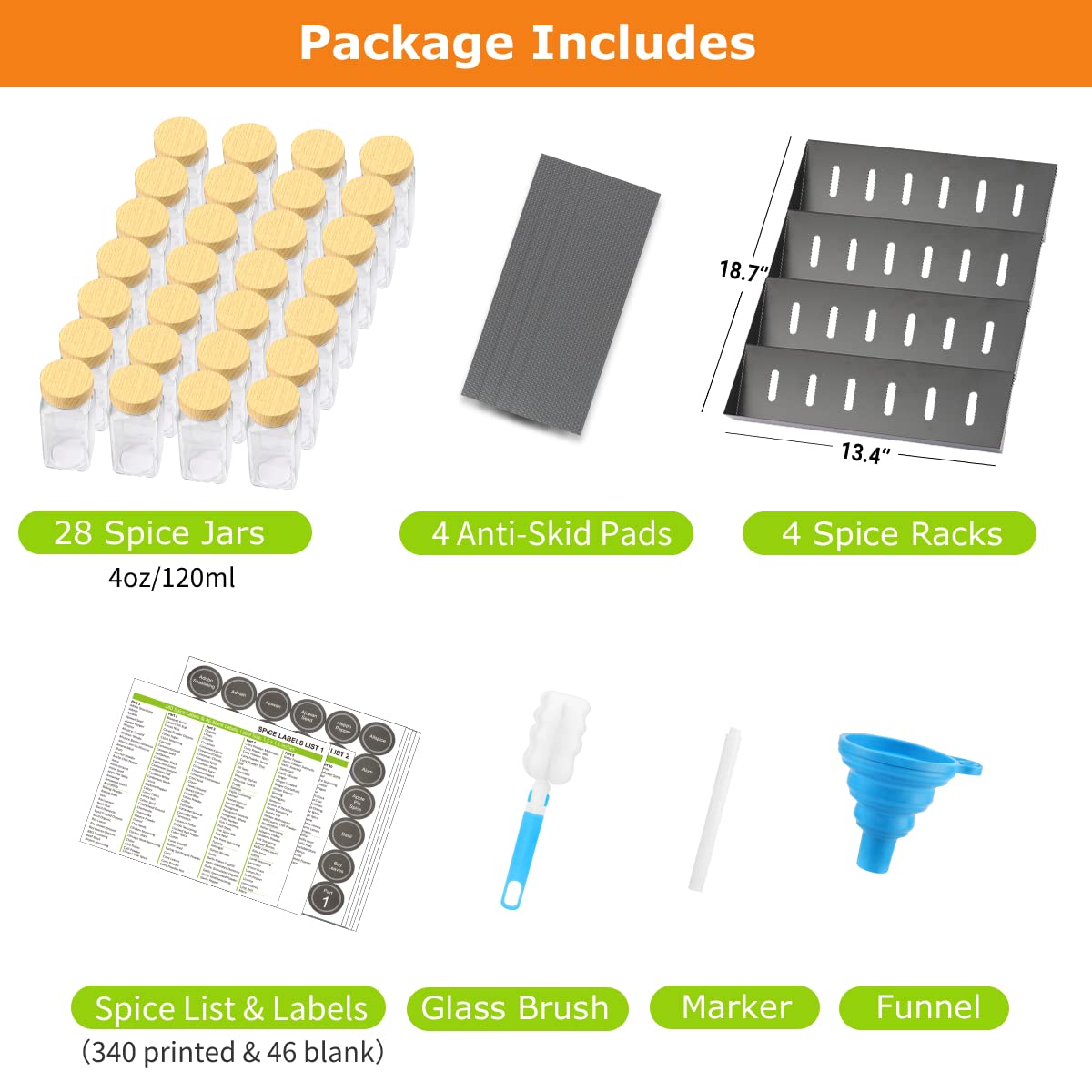 Glass Spice Drawer Organizer with 28 Spice Jars, 386 Labels, Marker & Funnel, 4 Tier Heavy Gauge Steel Seasoning Organizer Tray for Kitchen Drawer, Cabinets, Countertop,13.4" Wide x 18.7" Deep