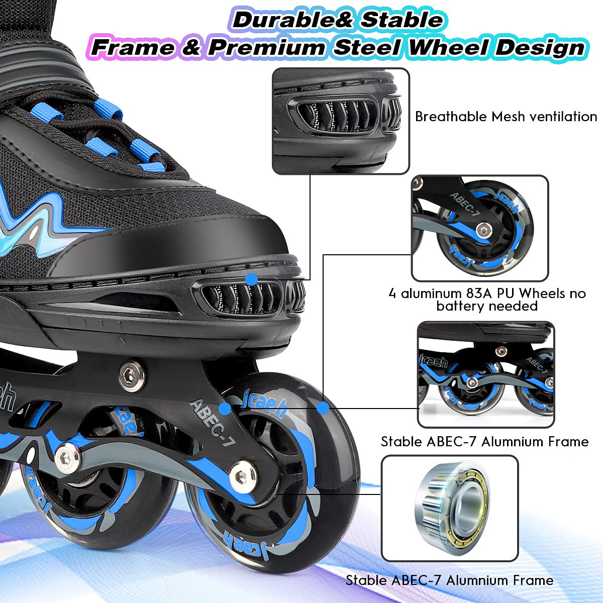 Adjustable Inline Skates for Kids and Adults, jcaeh 4 Sizes Outdoor Blades Roller Skates with Full Illuminating Light Up Wheels for Girls and Boys, Men and Women