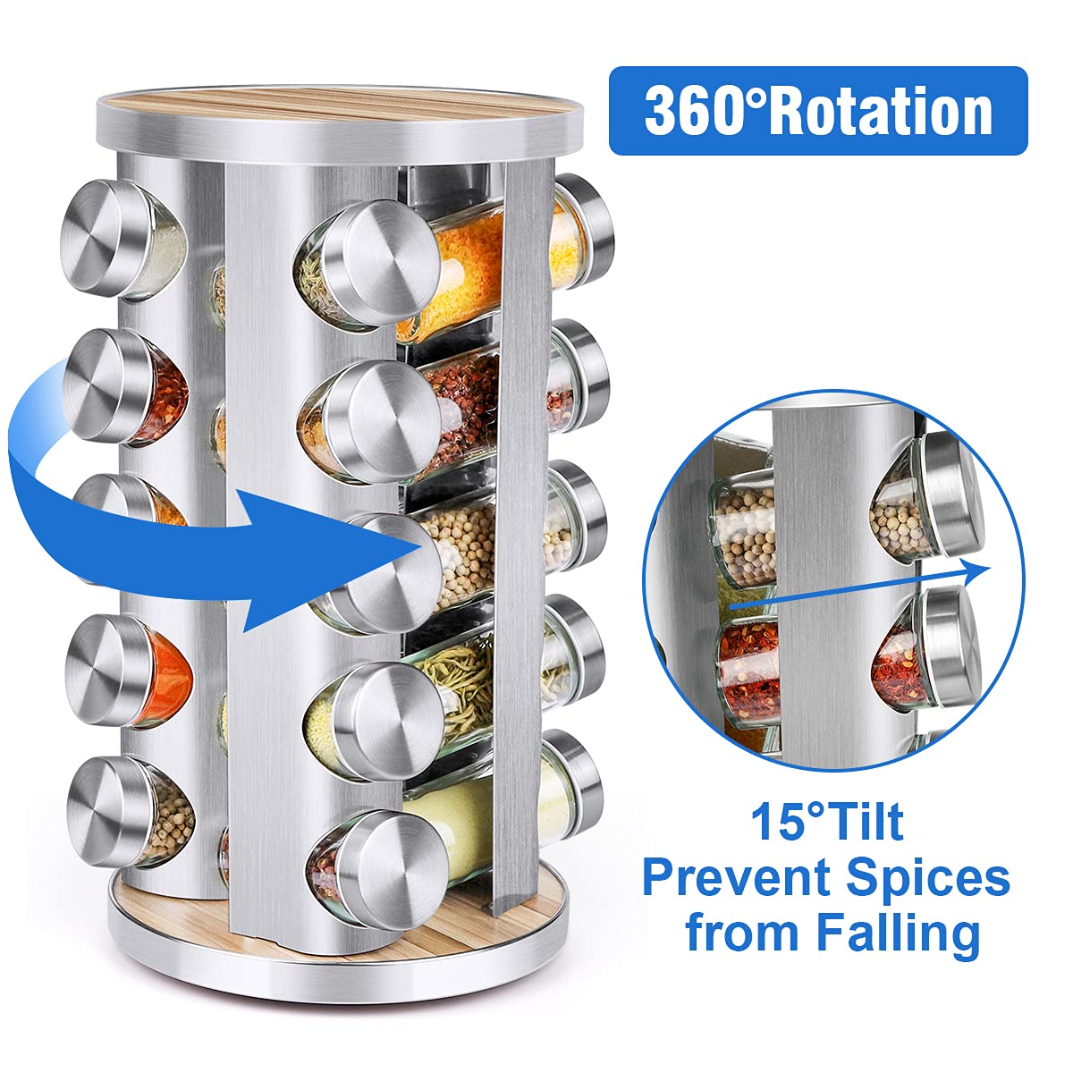Spice Rack Organizer with Jars (20Pcs) for Cabinet Revolving / Rotating Organizer, Stainless Steel/Wooden Countertop Rack Tower Organizer for Kitchen Pantry with Reusable Labels / Funnel / Brushes