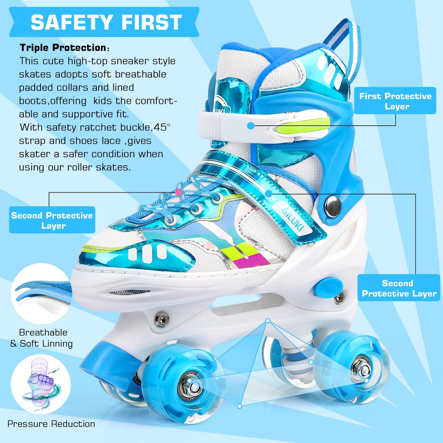 Roller Skates for Girls and Boys,4 Size Adjustable Kids Toddler Roller Skates with Light up Wheels for Toddlers Children Outdoor Indoor / Blue/S