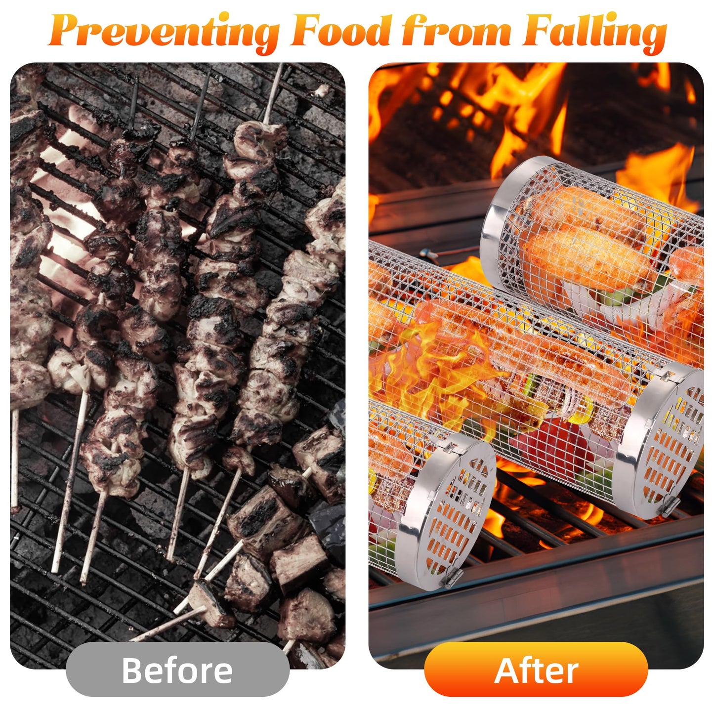 Rolling Grill Baskets for Outdoor Grilling, 2 Pcs Stainless Steel Grill Mesh, Rolling Grill Baskets for Outdoor Grill, Portable Grill Nets Cylinder for Shrimp, Meat Barbecue Camping Picnic with Forks