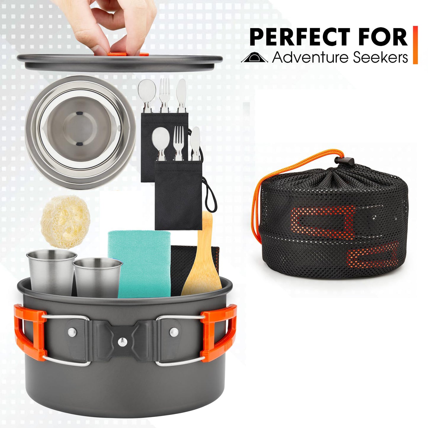 16pcs Camping Cookware Kit, 0.45Gal Pot, 7inches Pan,0.30Gal Kettle Set with 2 Set Stainless Steel Cups Plates Forks Knives Spoons for Hiking,Camping,Backpacking,Outdoor Cooking and Picnic