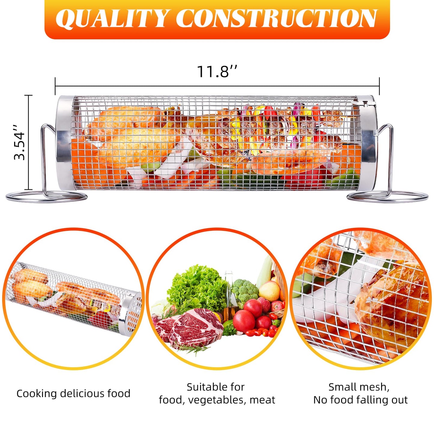 Rolling Grill Baskets for Outdoor Grilling, 2 Pcs Stainless Steel Grill Mesh, Rolling Grill Baskets for Outdoor Grill, Portable Grill Nets Cylinder for Shrimp, Meat Barbecue Camping Picnic with Forks