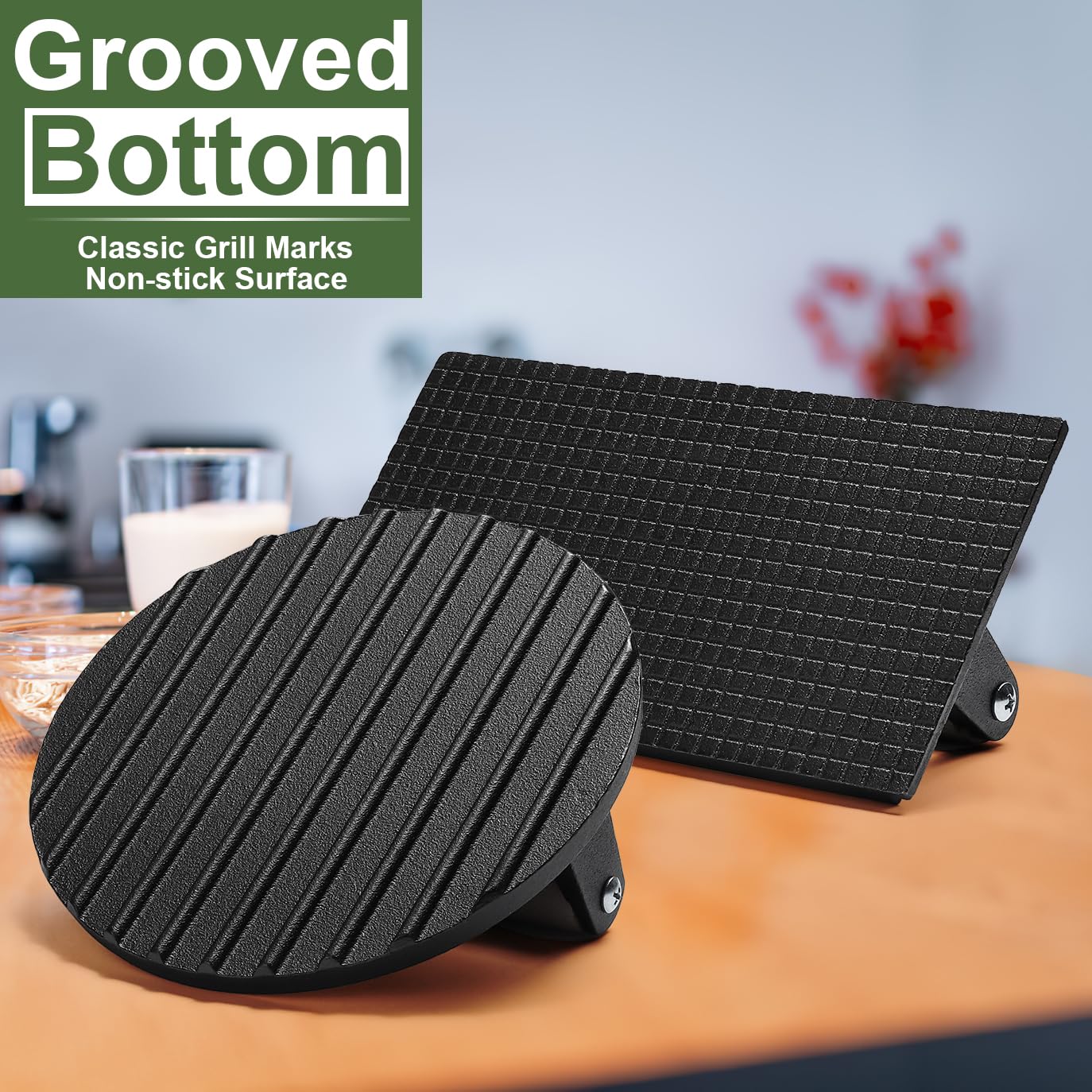 Burger Press, 7" Round & 8.2"X4.3" Rectangle Heavy-Duty Cast Iron Smash Bacon Press Meat Steak with Wood Handle for Blackstone Camp Chef Griddle Grills (Round & Rectangle)