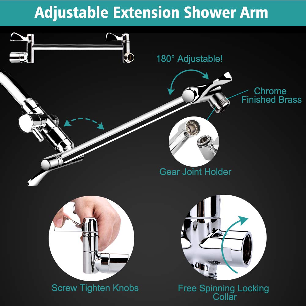 Shower Head, 8'' High Pressure Rainfall/Handheld Shower Combo with 11'' Extension Arm, 9 Settings, Anti-leak Shower Head with Holder, Height/Angle Adjustable, Chrome, Matte Black