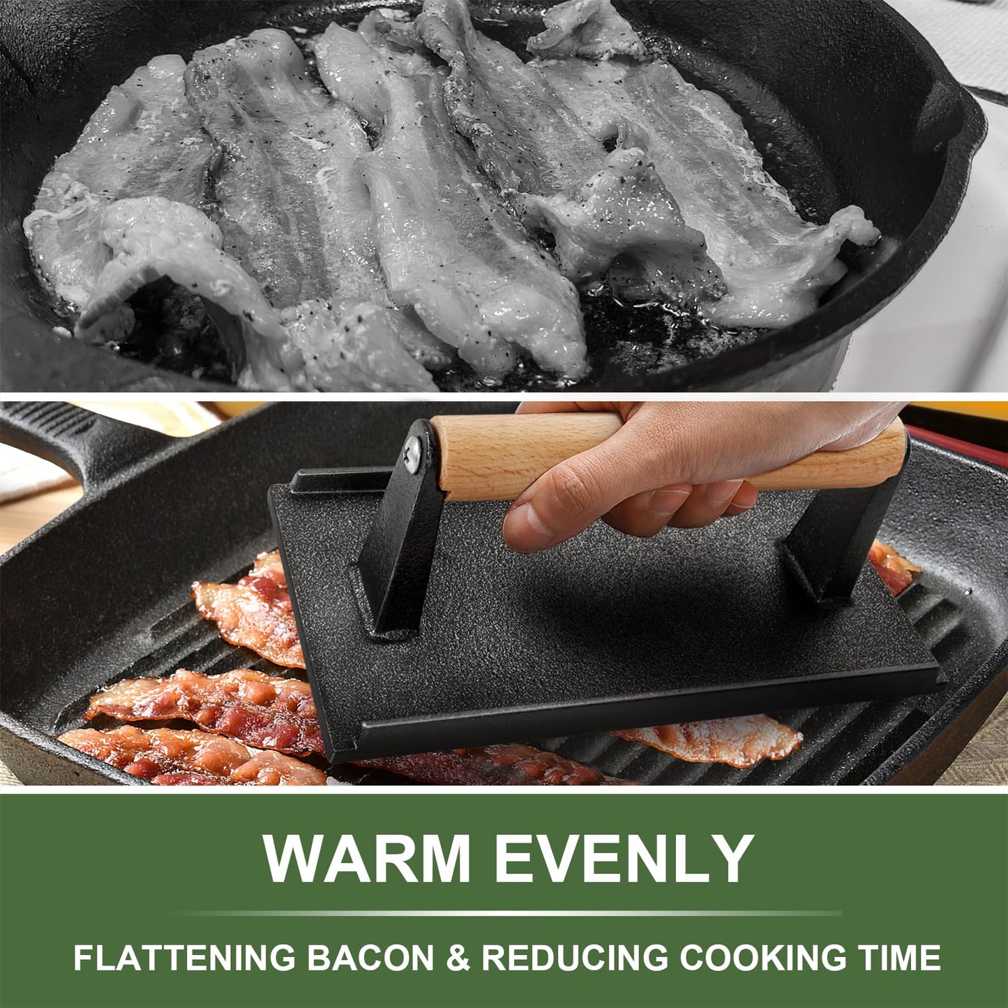 Burger Press, 8.2" X 4.3" Rectangle Heavy-Duty Cast Iron Smash Bacon Press Meat Steak with Wood Handle for Griddle, Sandwich, Nonstick Pan