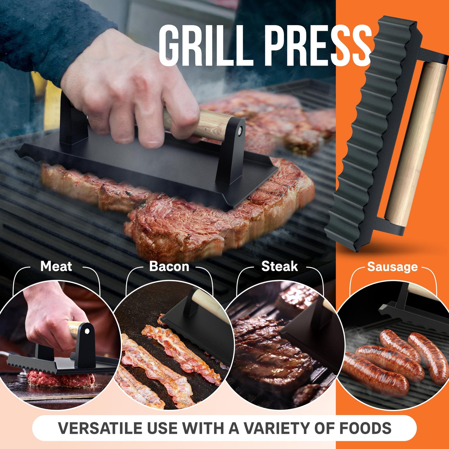 Cast Iron Griddle, Reversible Grill/Griddle + Cast Iron Press + Pinch Mitts, Grill Pan For Stove Top, Gas Grill, Indoor & Outdoor Cooking - Pre Seasoned & Non-stick (10.1" x 17.9")