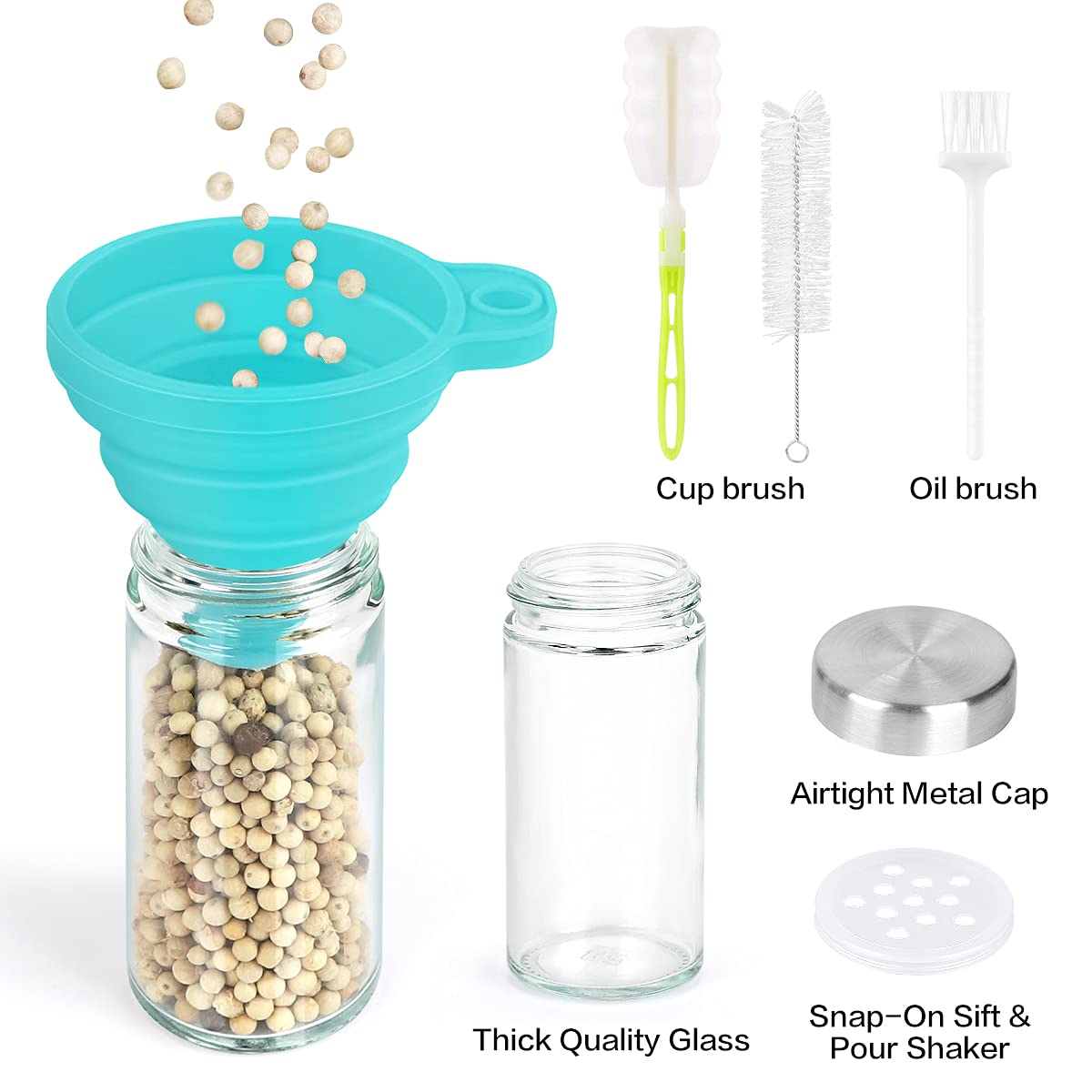 Spice Rack Organizer with Jars (20Pcs) for Cabinet Revolving / Rotating Organizer, Stainless Steel/Wooden Countertop Rack Tower Organizer for Kitchen Pantry with Reusable Labels / Funnel / Brushes