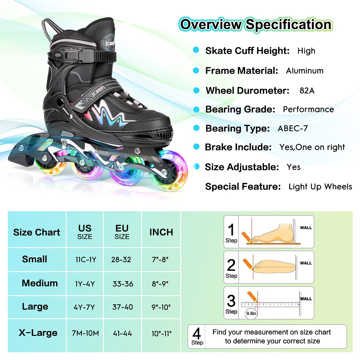 Adjustable Inline Skates for Kids and Adults, jcaeh 4 Sizes Outdoor Blades Roller Skates with Full Illuminating Light Up Wheels for Girls and Boys, Men and Women